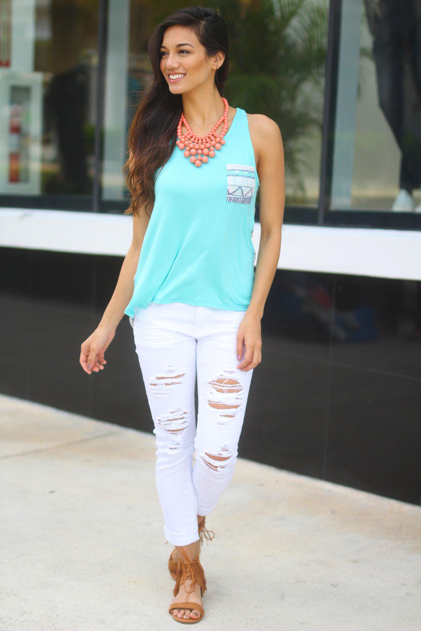 Fashionable Women's Mint Aztec Print Tank Top with Front Pocket