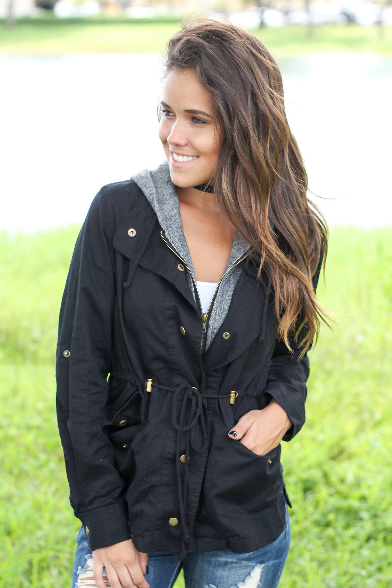 Stylish Black Cotton Jacket with a Chic Gray Hood for Fall