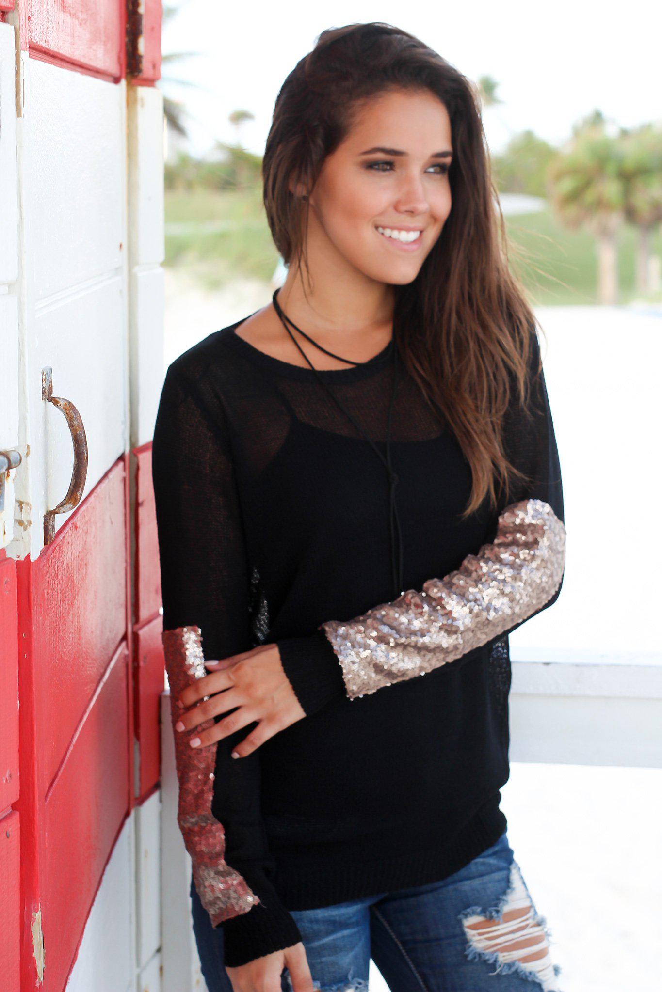 Stylish Black Sheer Top Featuring Taupe Sequined Long Sleeves