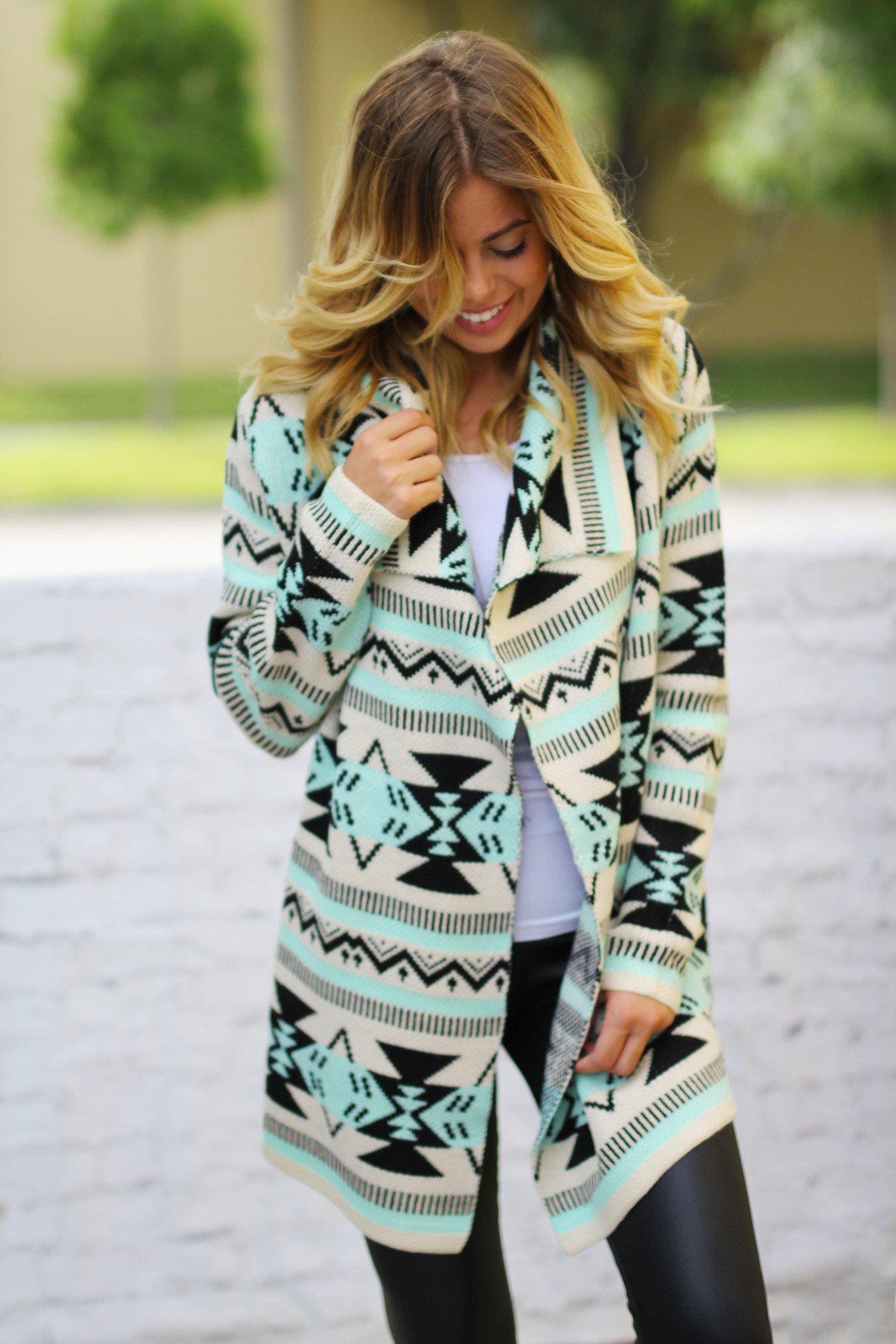 Stylish Mint Acrylic Aztec Print Cardigan for Fall/Winter