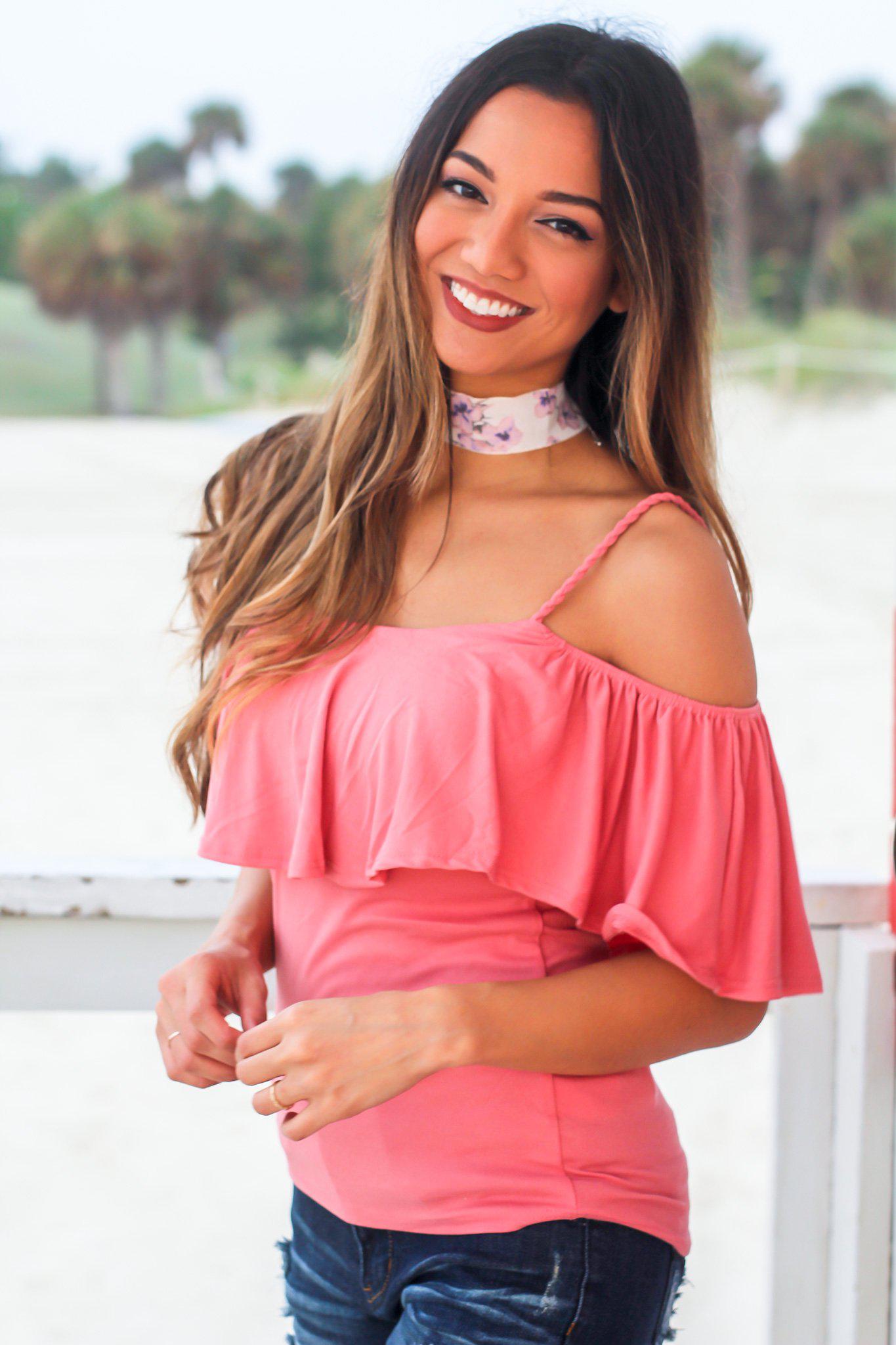Adorable Coral Ribbed Off - Shoulder Spaghetti Strap Women's Top