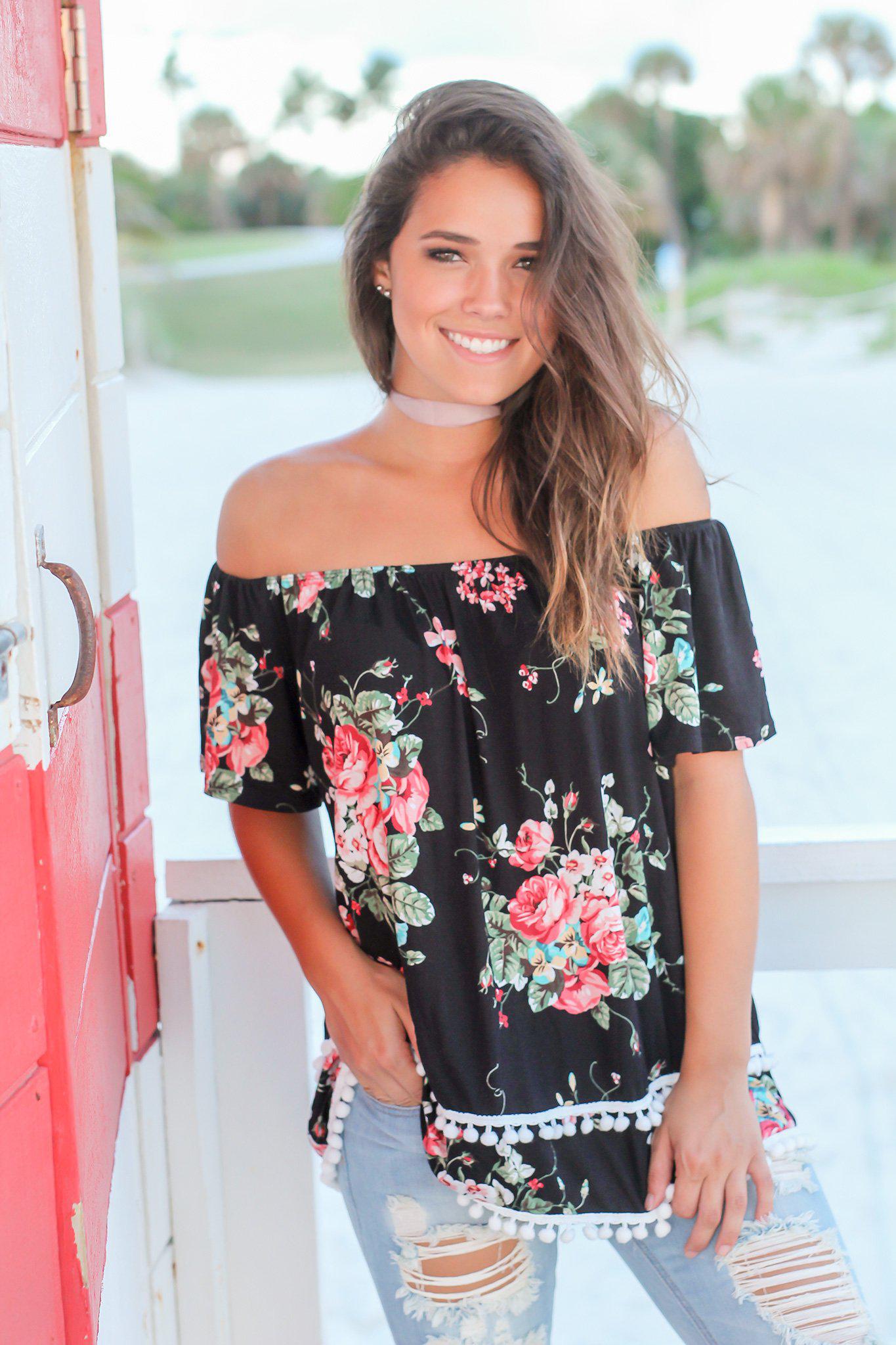 Stylish Black Floral Off-Shoulder Top with Adorable Pom Poms