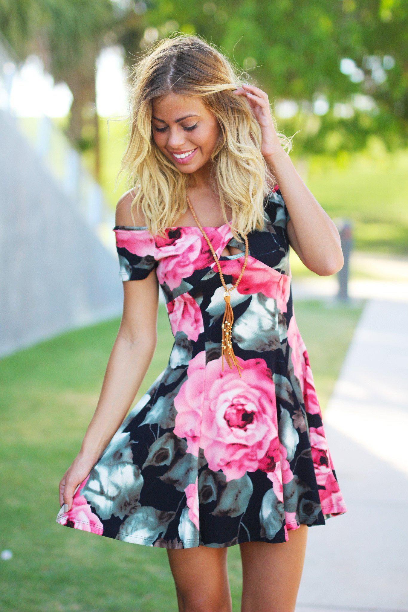 Stylish Black Floral Off - Shoulder Skater Dress with Included Belt