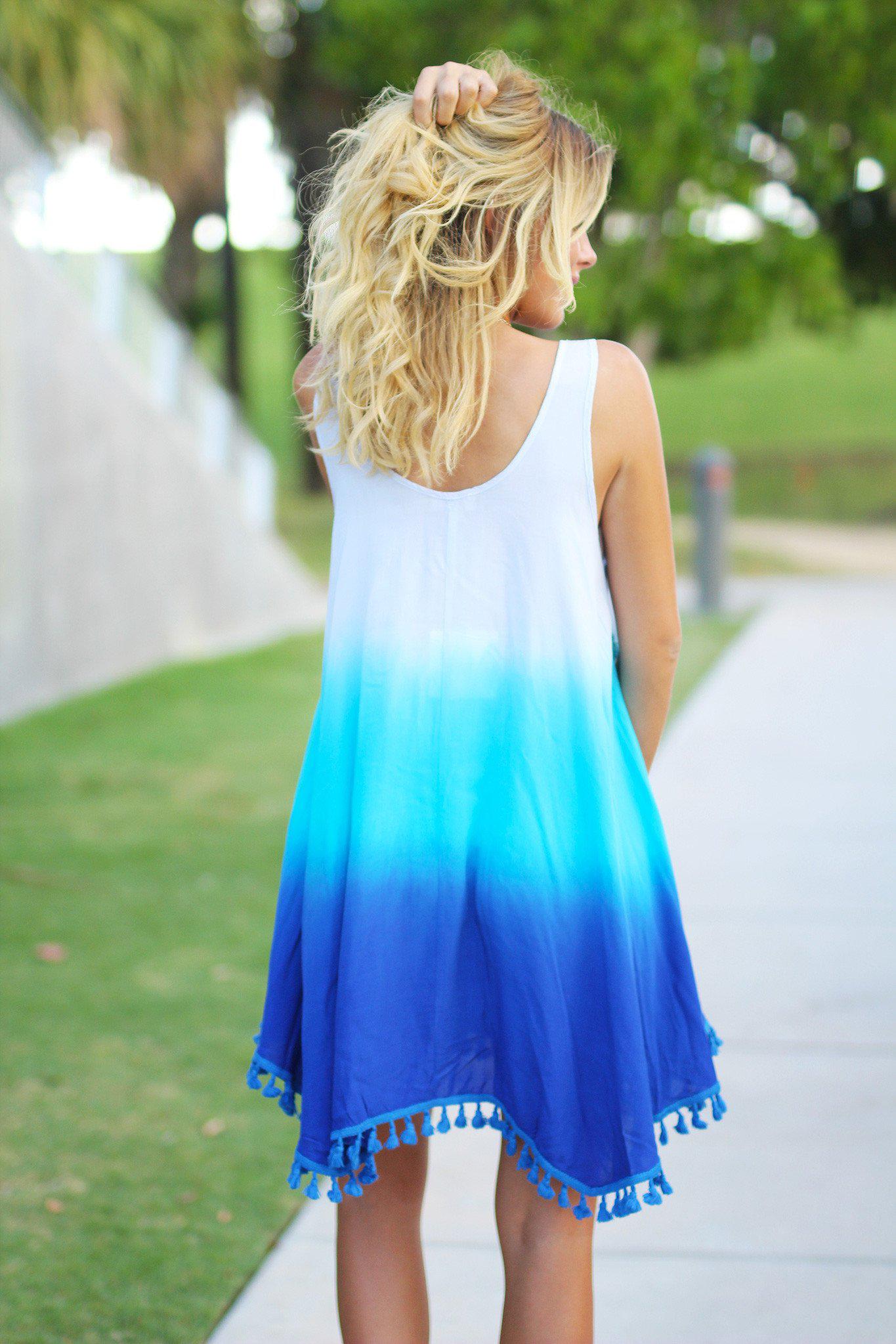Stylish Short Blue Ombre Dress Adorned with Tassels