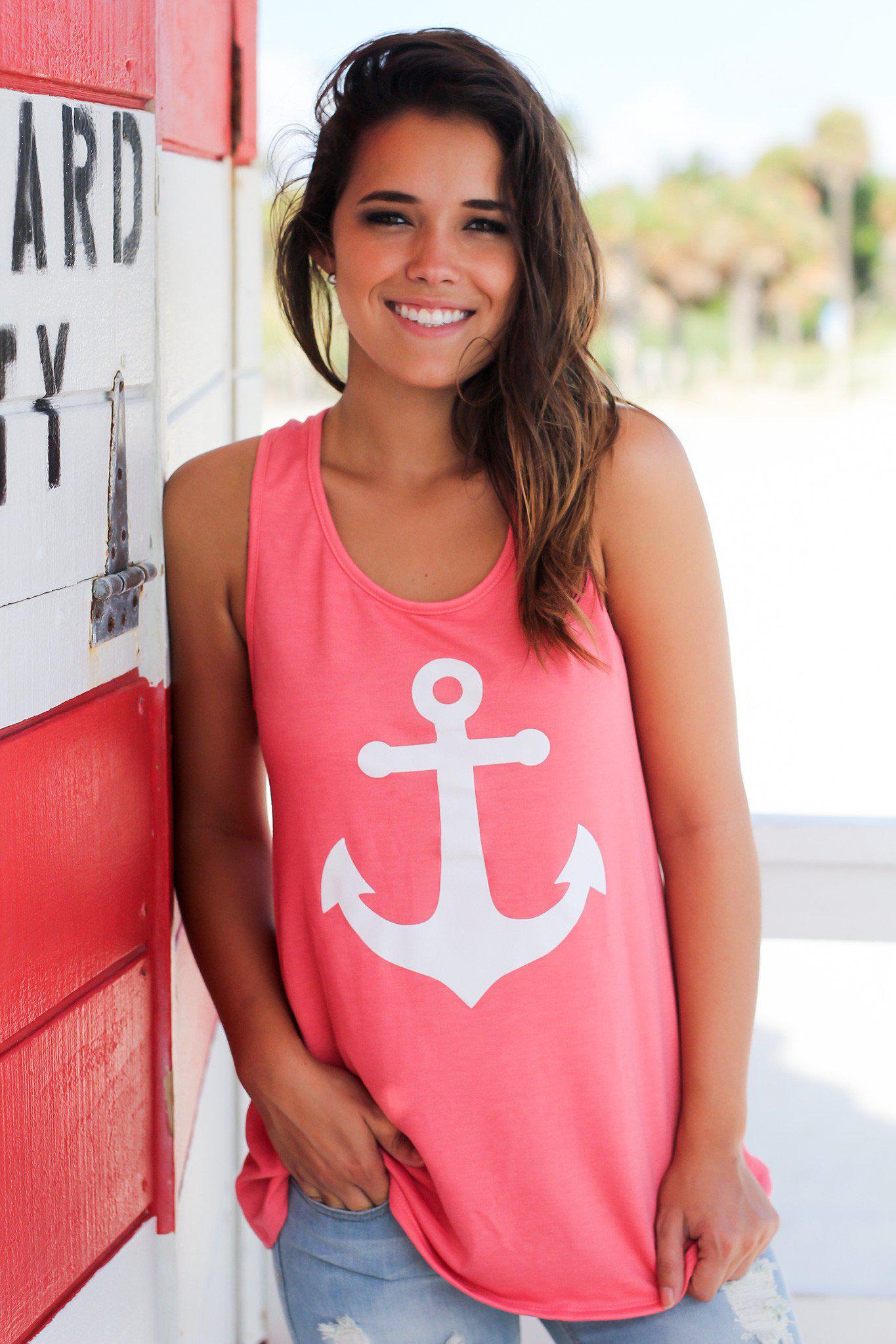 Stylish Coral Racerback Anchor Women's Tank Top for Spring and Summer