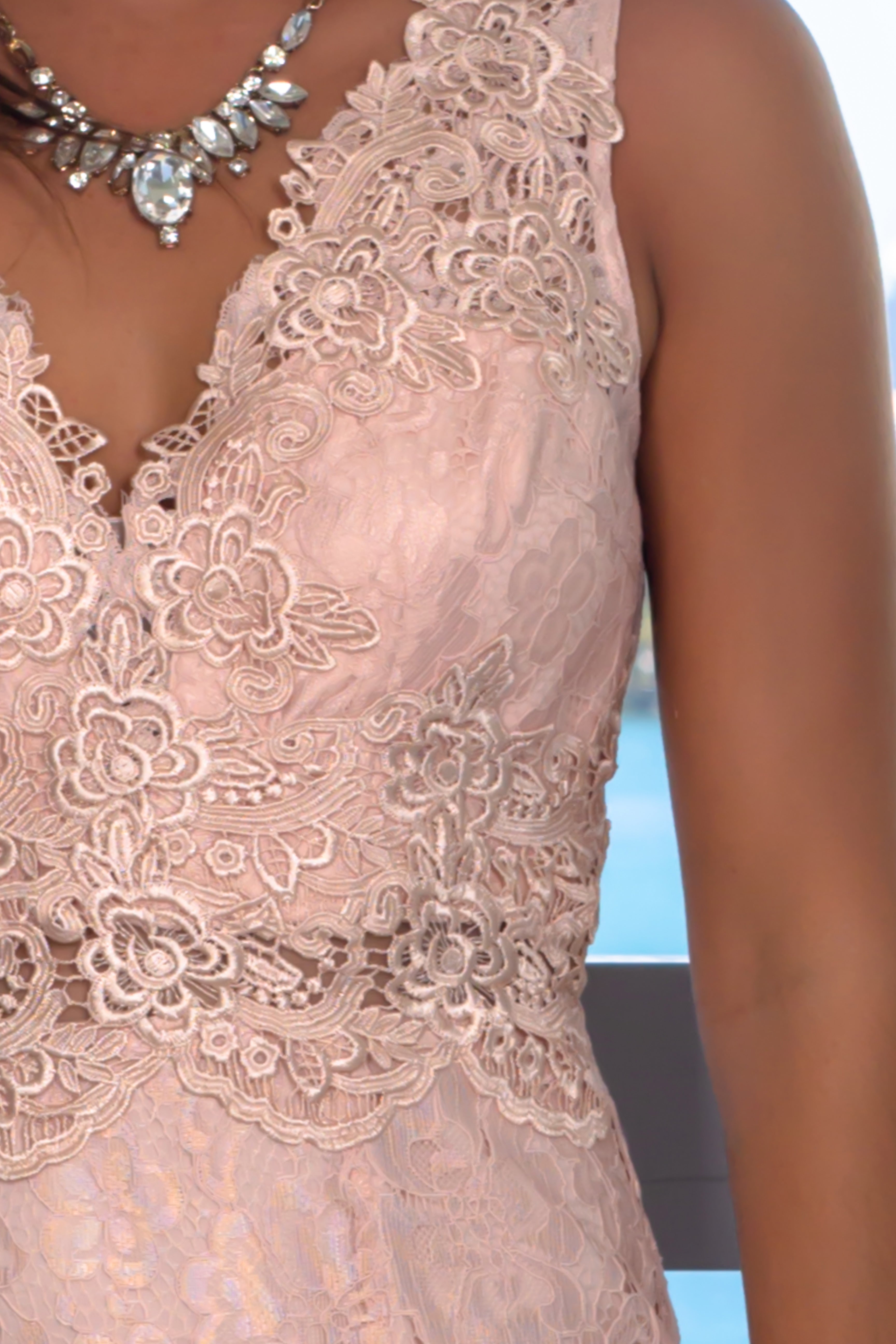 Stunning Blush-Colored Embroidered Lace Maxi Dress for Women