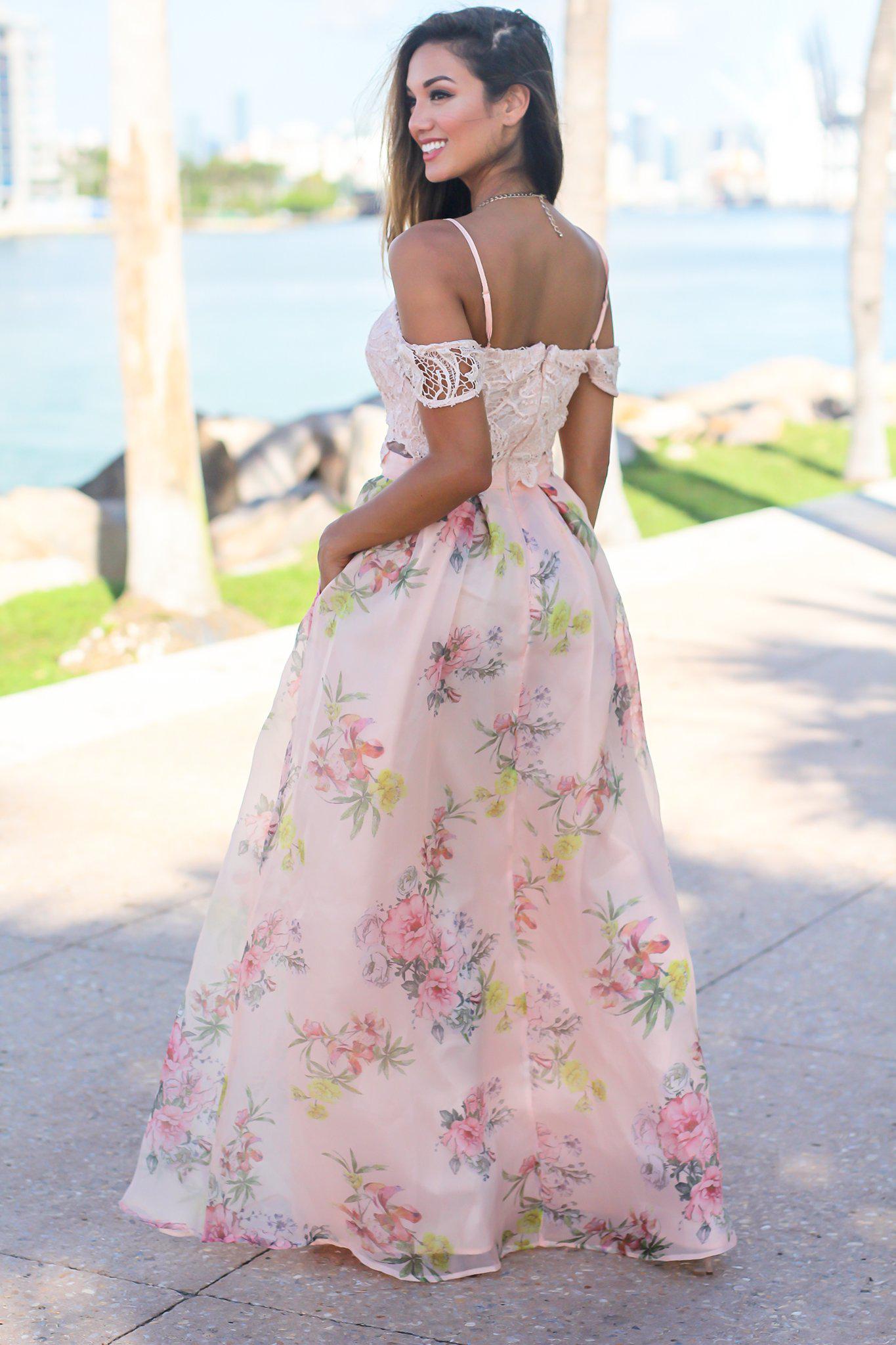 Elegant Blush-Colored Crochet Top Floral-Printed Women's Maxi Dress