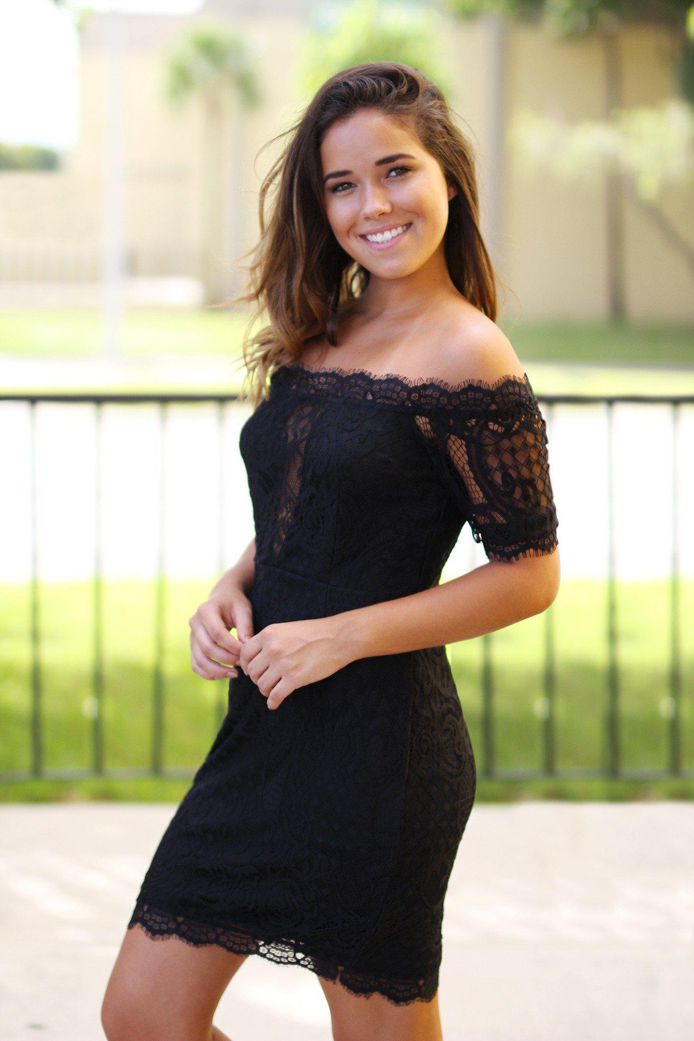 Stylish Black Off-Shoulder Short Lace Dress with Frayed Hem