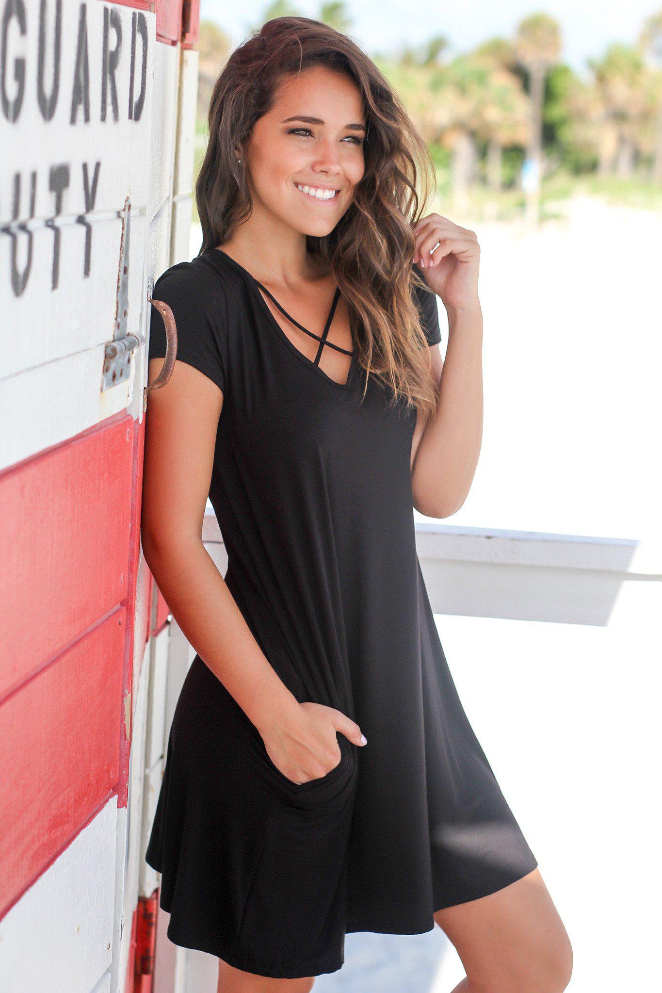 Stylish Black Short Sleeve Criss Cross Mini Dress for Women