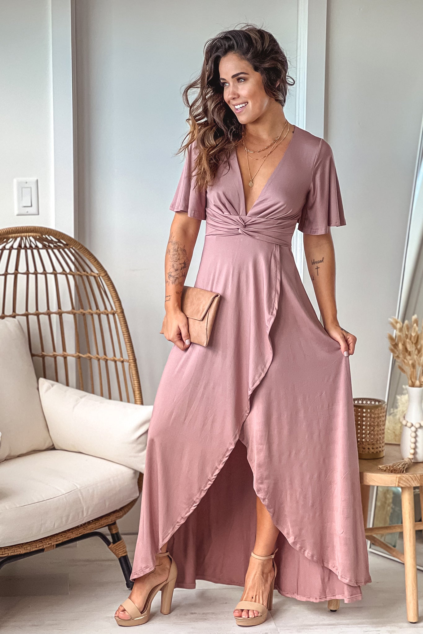 Charming Blush-Colored High Low Style Dress with Short Bell Sleeves and Waist Twist Detail