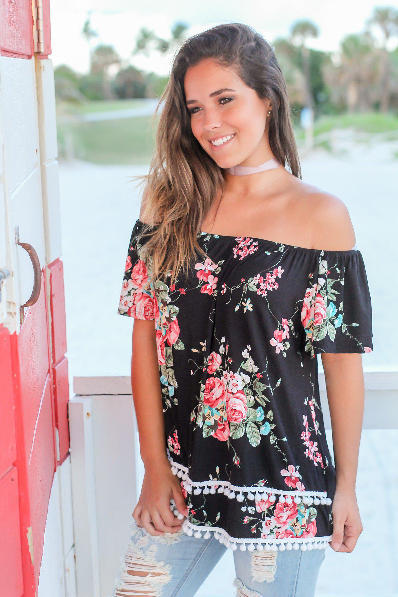 Stylish Black Floral Off-Shoulder Top with Adorable Pom Poms