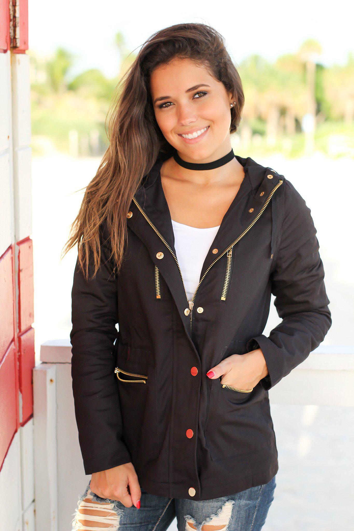 Stylish Fall and Winter Black Cotton Jacket with Shiny Gold Zippers and Buttons
