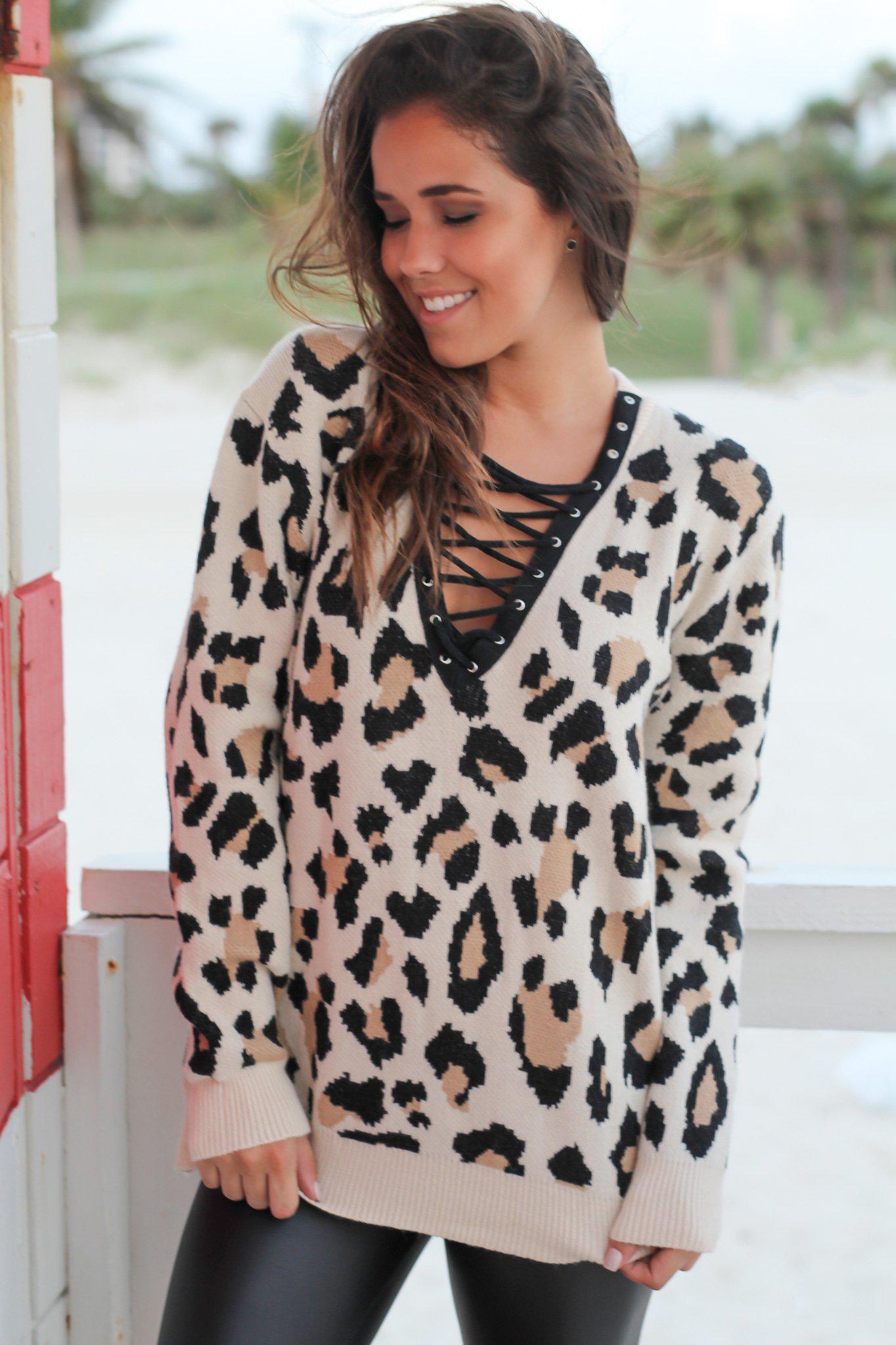 Stylish Cheetah Print Lace-Up Knit Sweater for Fall and Winter