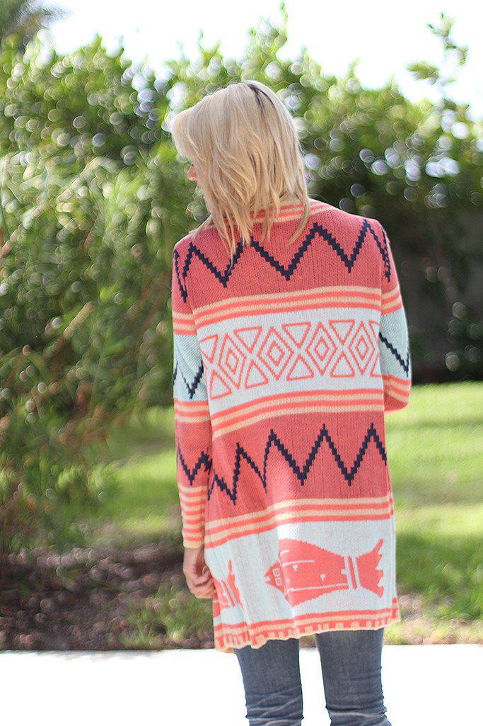 Stylish Coral and Mint Colored Long Women's Cardigan for Everyday Wear