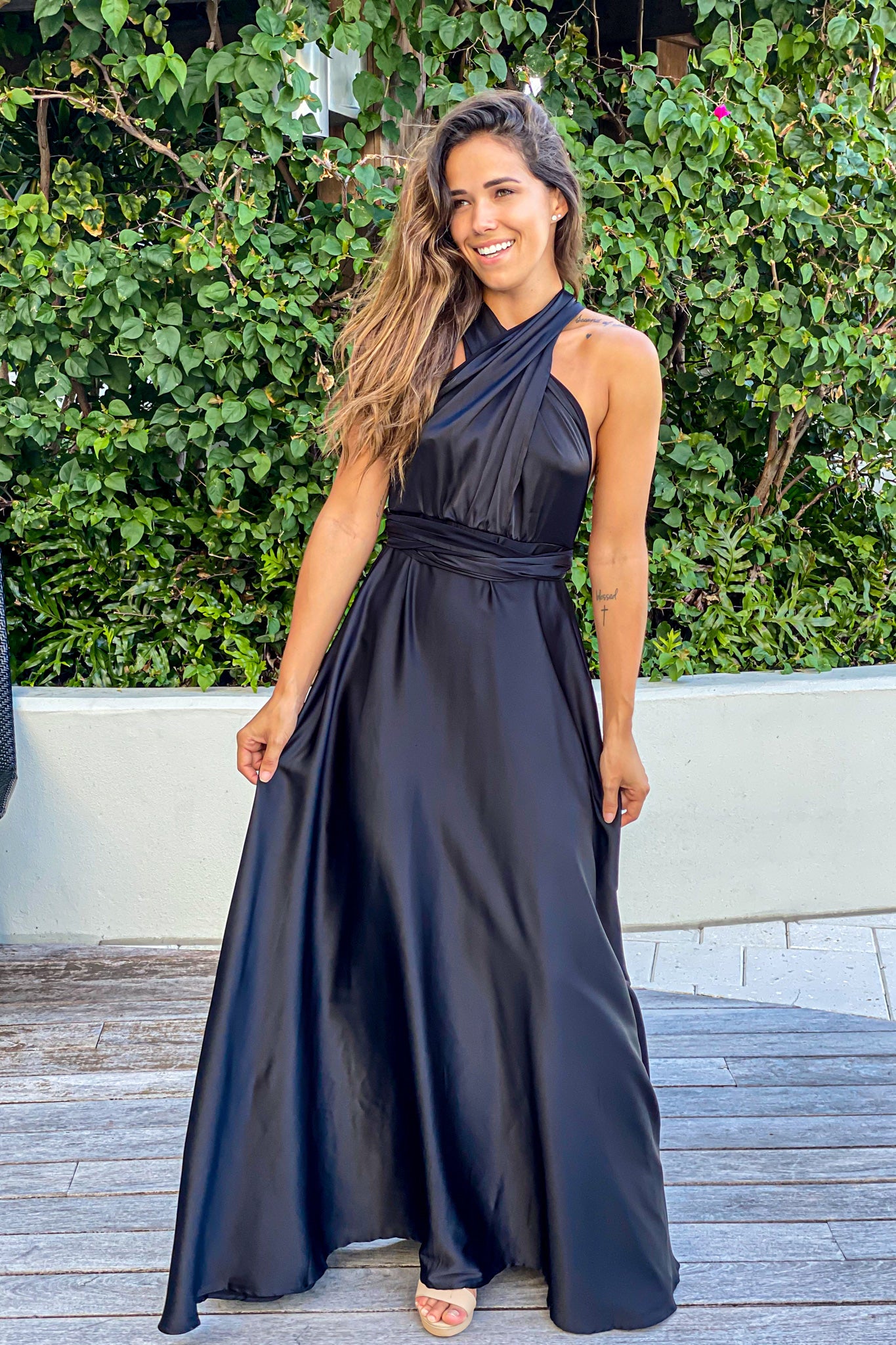 Elegant Black Satin Multi-Tied Long Maxi Dress for Special Occasions