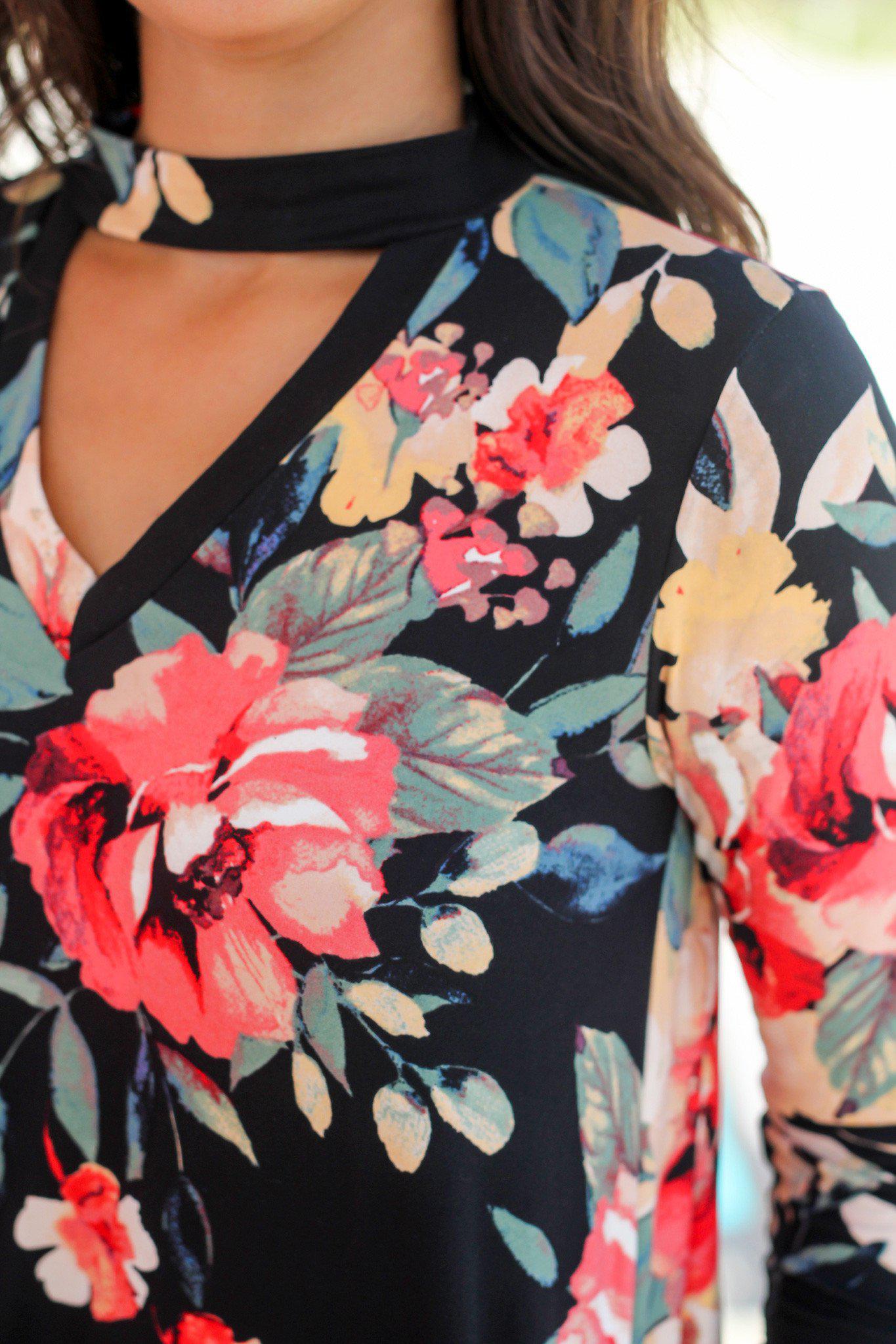 Charming Short Black Floral Mock Neck Women's Dress