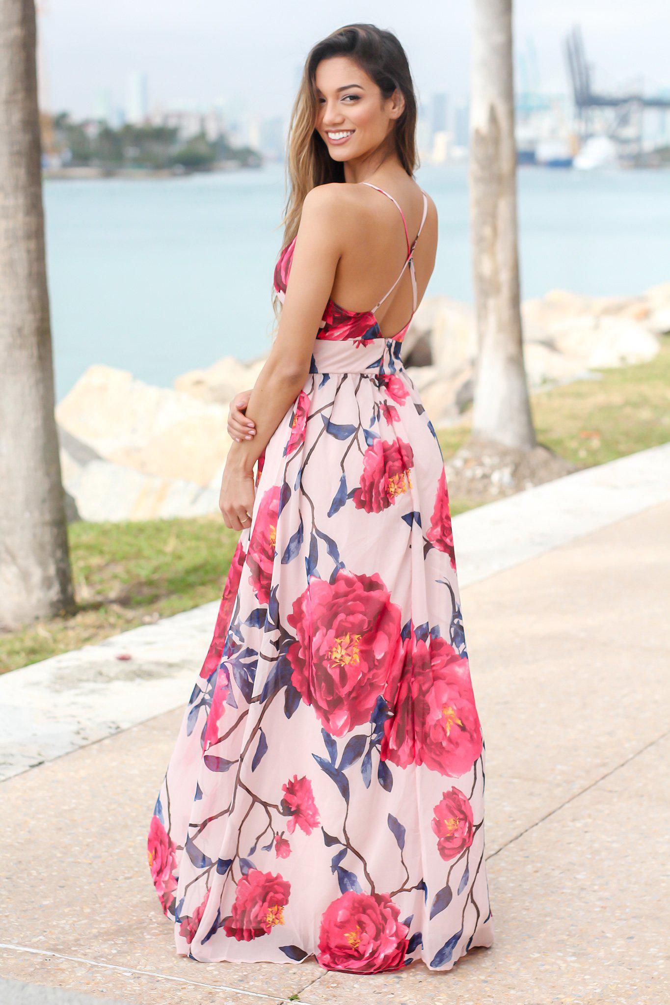 Gorgeous Blush, Fuchsia Floral Maxi Dress with Stylish Criss Cross Back