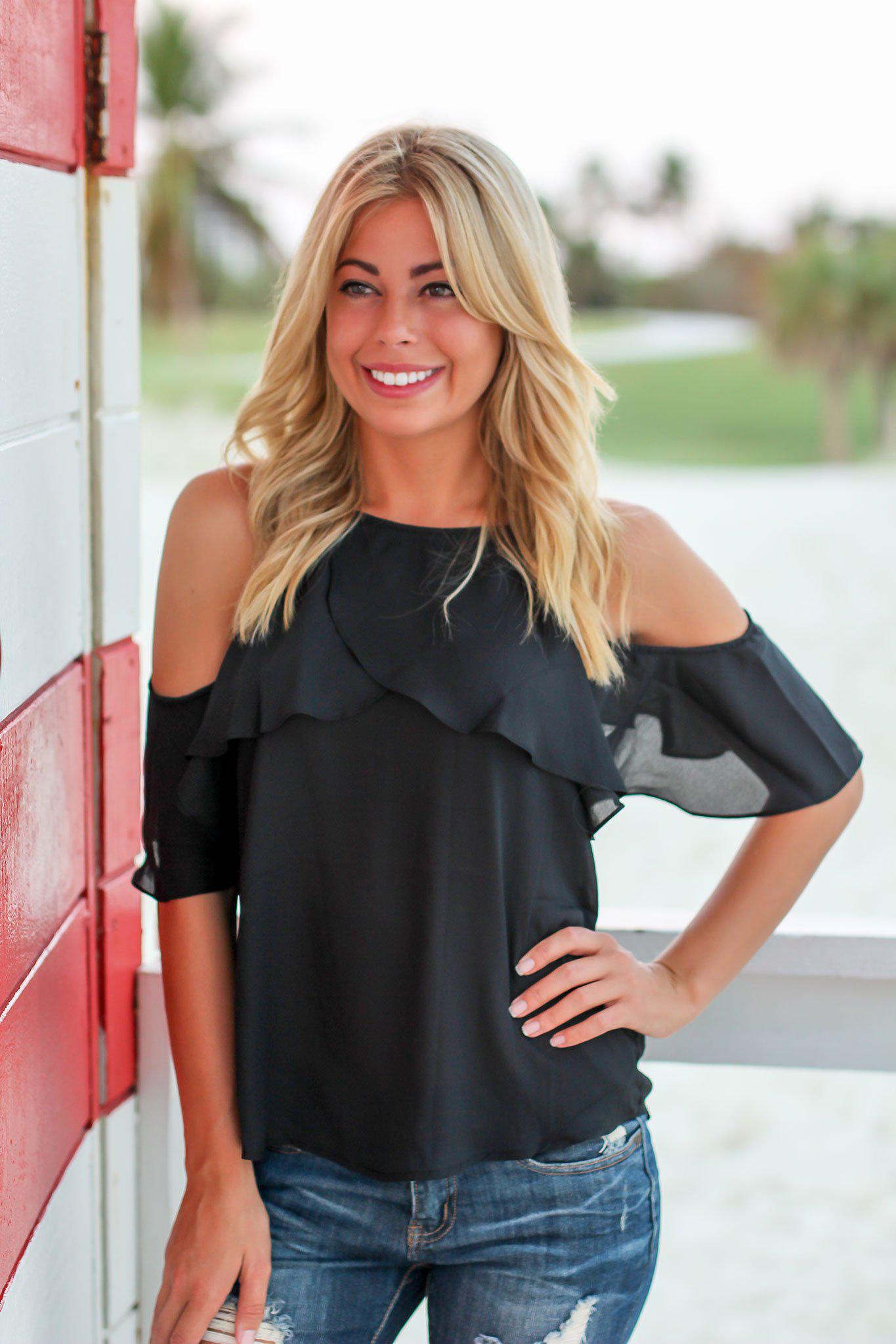 Stylish Black Open-Shoulder Ruffle Top for Fashionable Look