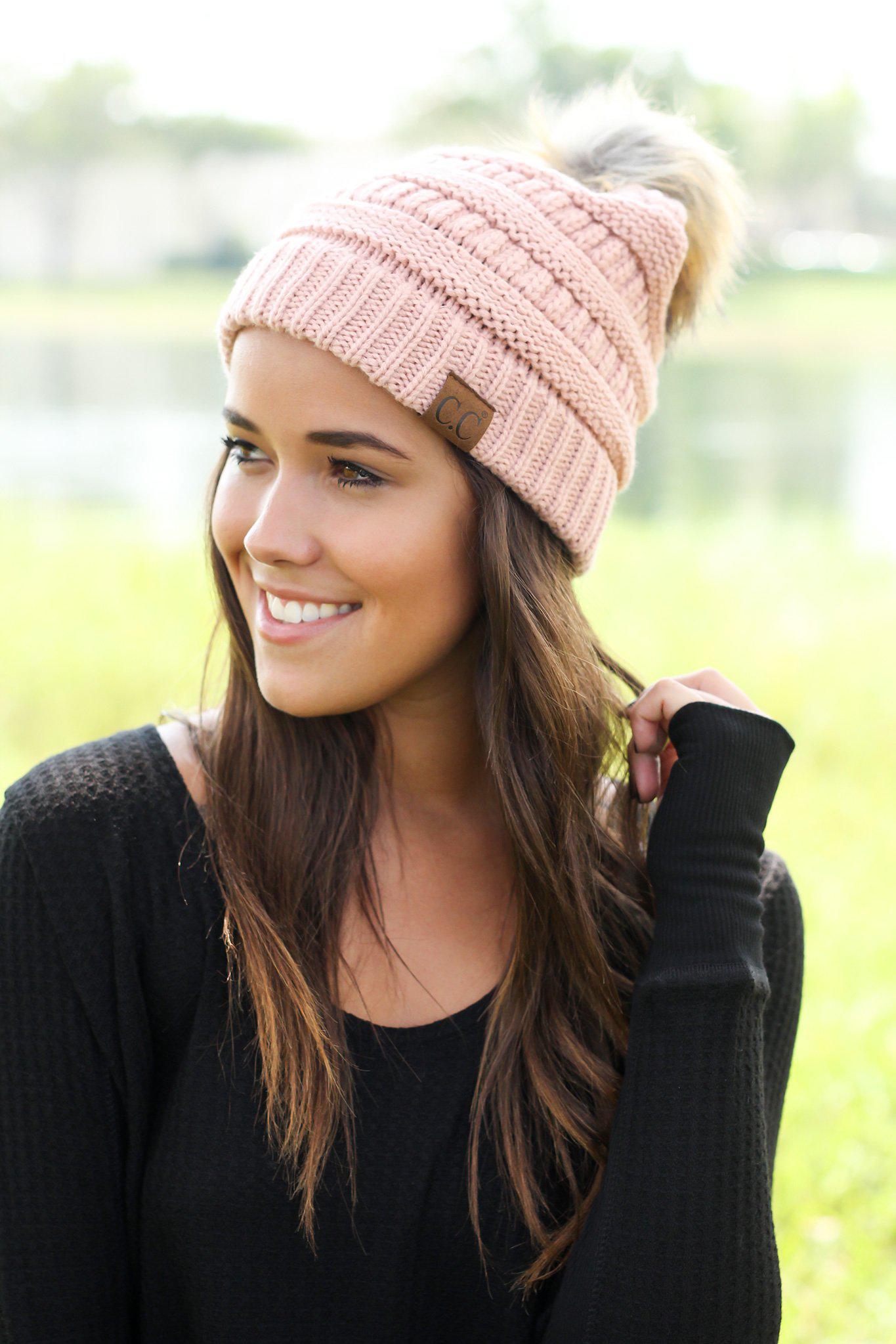 Indian Pink Hand - Knitted Fashionable Beanie Hat with a Cute Pom - Pom