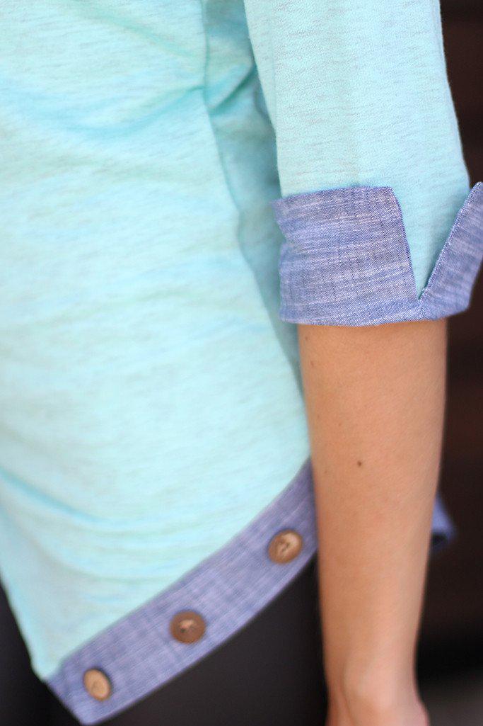 Stylish Mint-Colored Asymmetrical Women's Casual Top with Wooden Buttons and Three - Quarter Sleeves