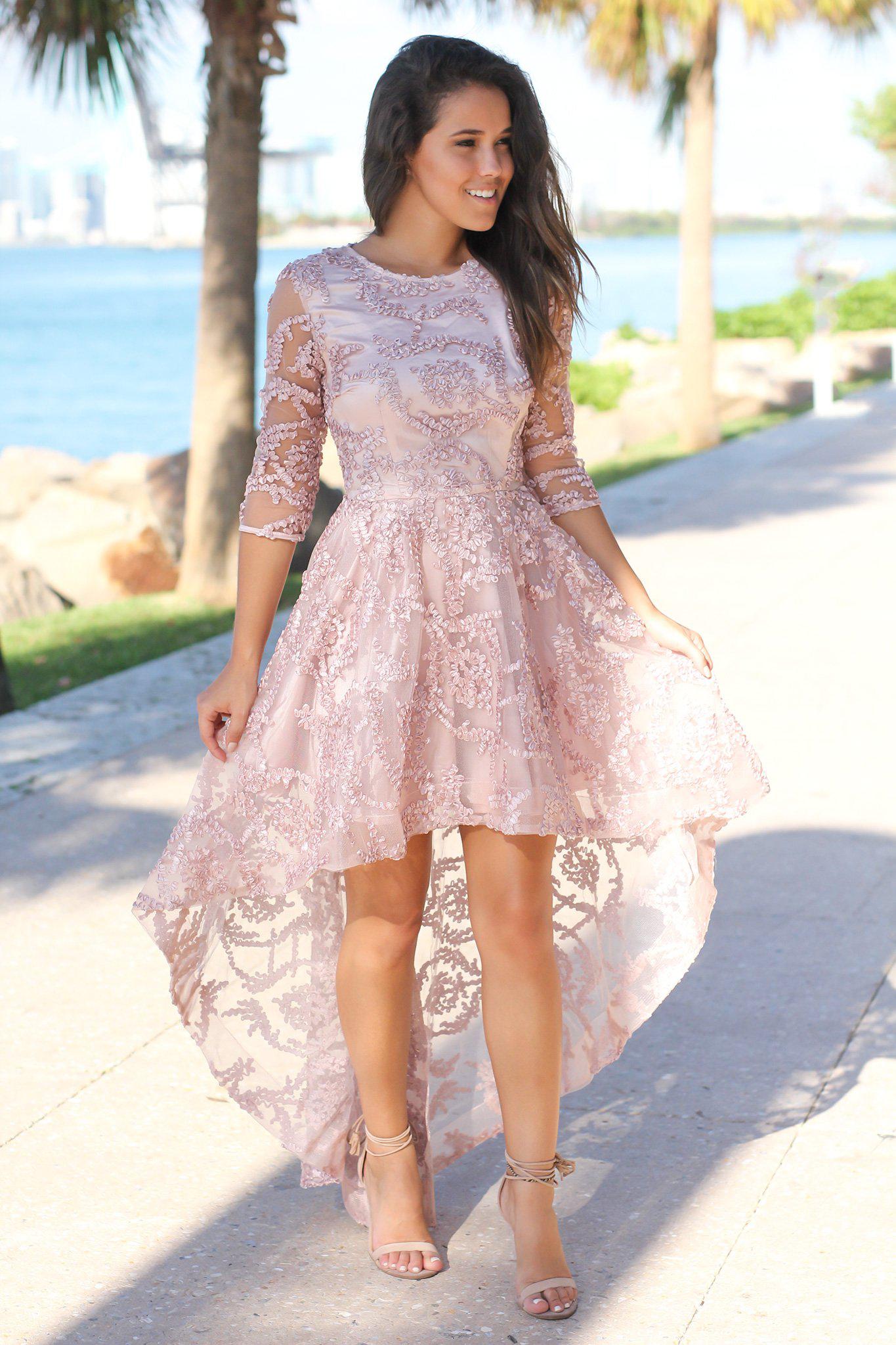 Elegant Blush-Colored High Low Style Dress with Three - Quarter Sleeves
