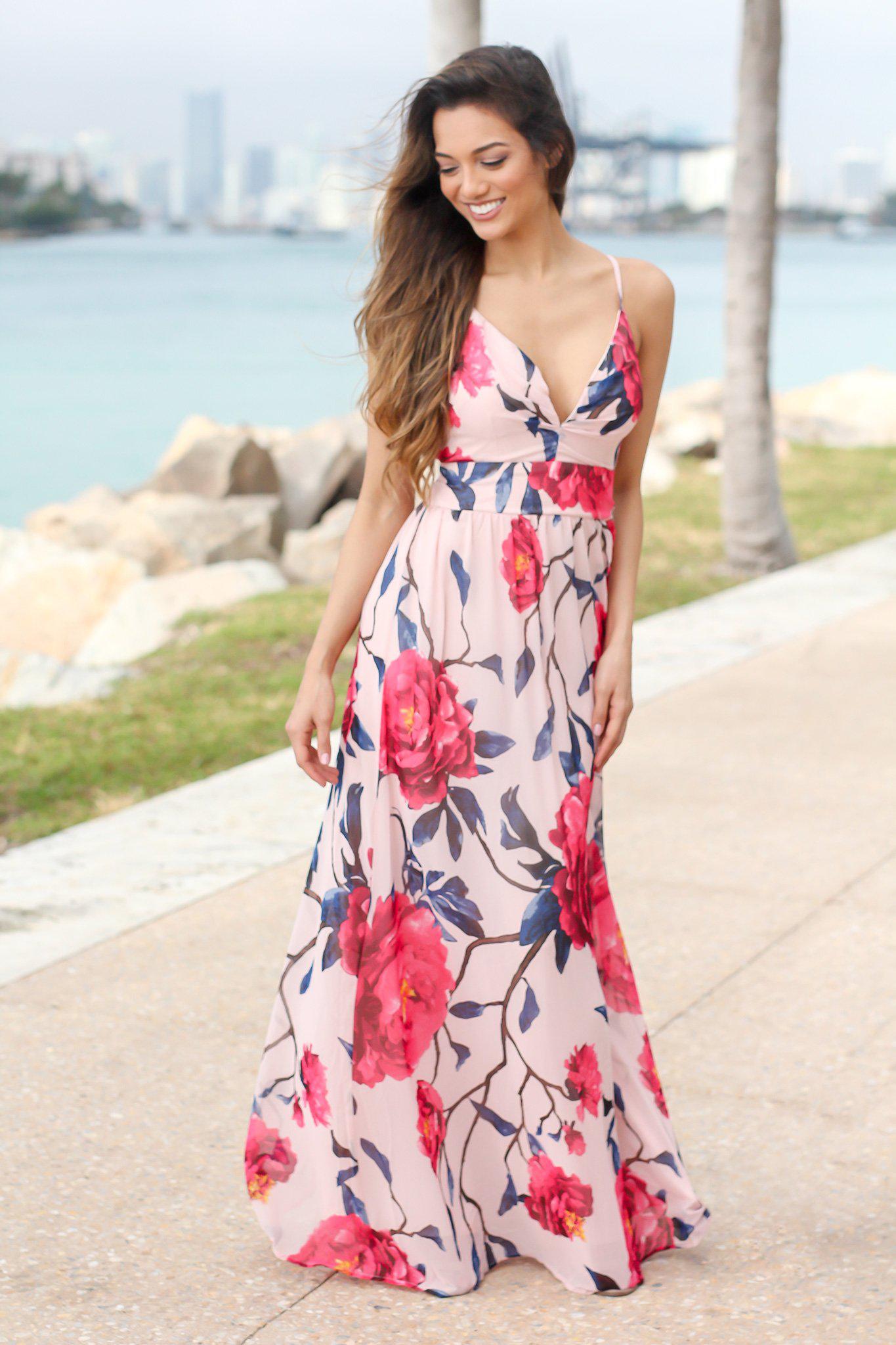 Gorgeous Blush, Fuchsia Floral Maxi Dress with Stylish Criss Cross Back