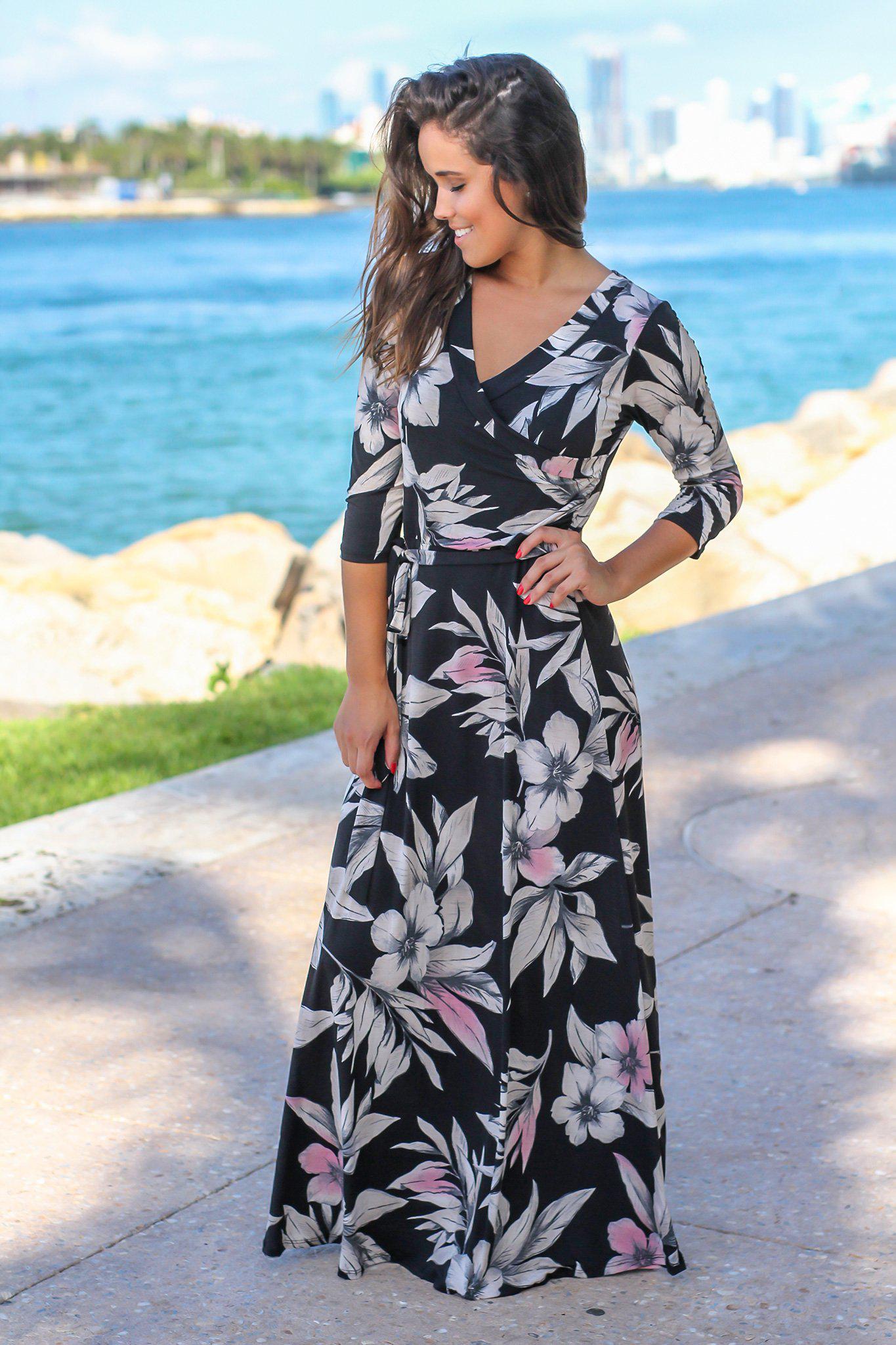 Stylish Women's Black Floral Wrap Design Maxi Dress with Three - Quarter Sleeves