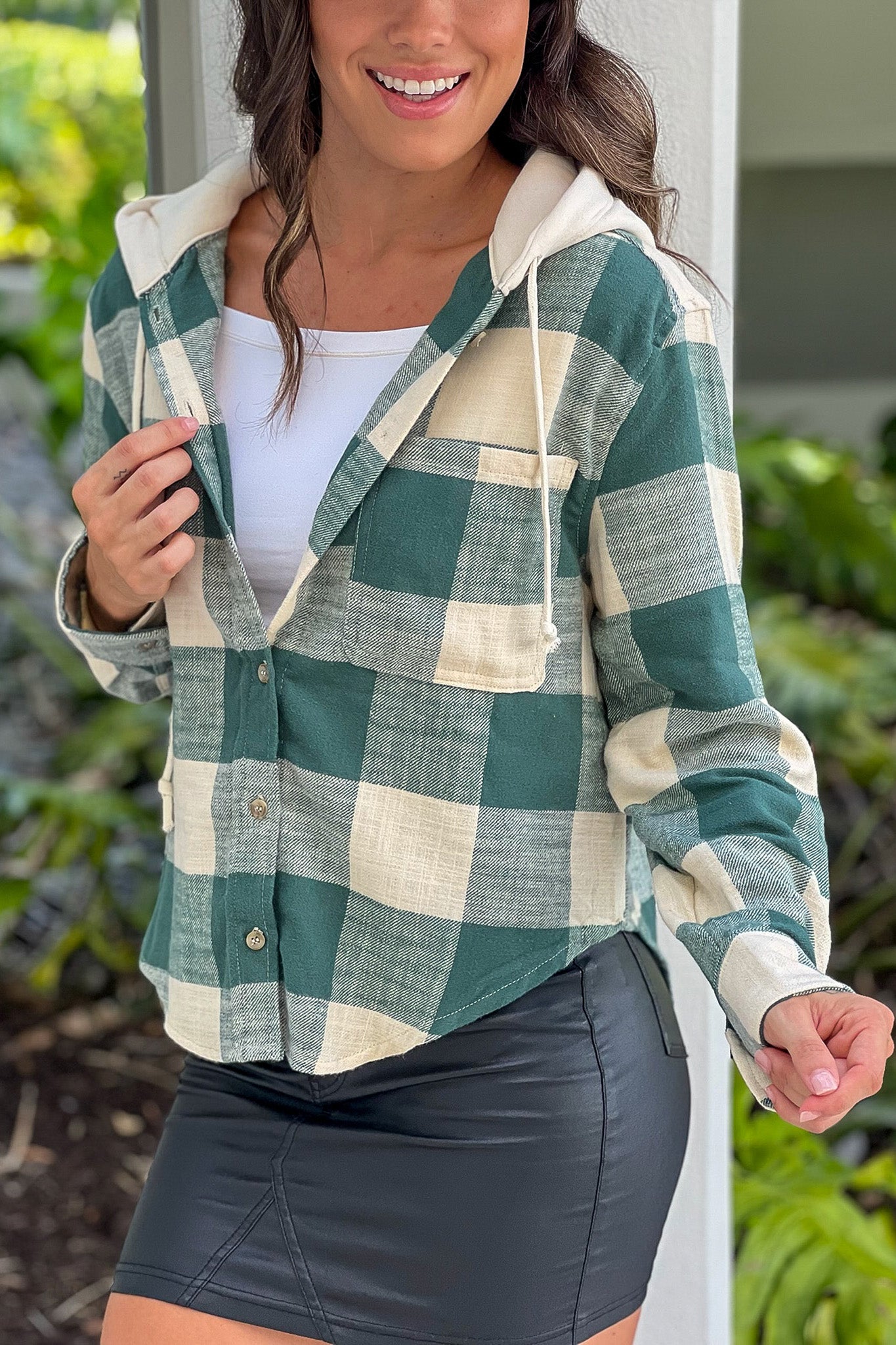 Stylish Hunter Green and Cream Plaid Pattern Hooded Cotton-Polyester Jacket for Fall/Winter