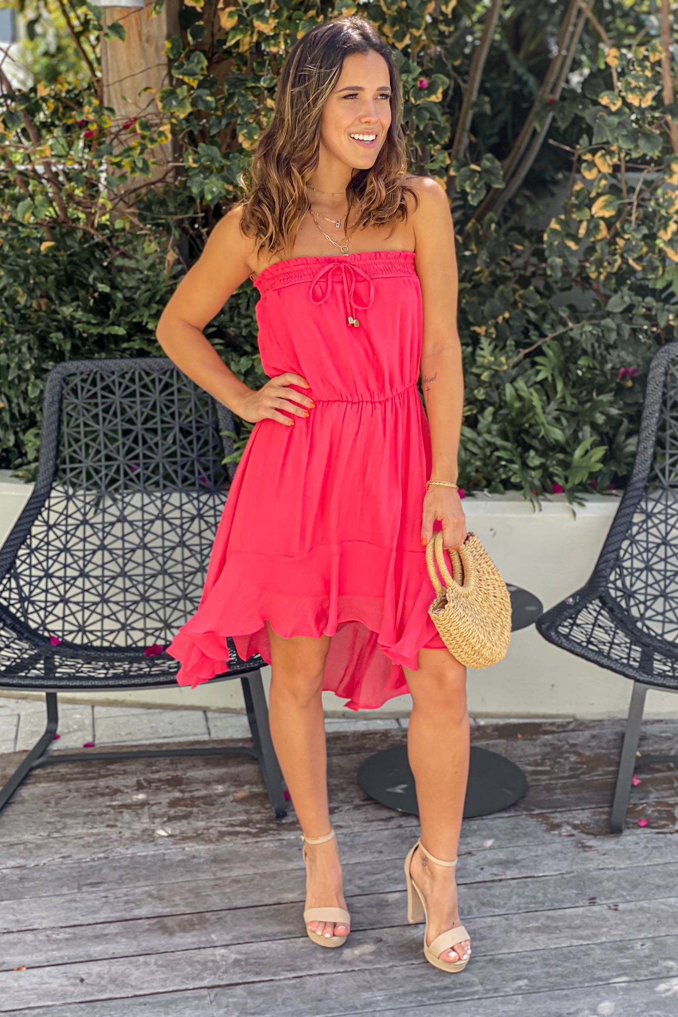 Gorgeous Coral Strapless High-Low Evening Dress
