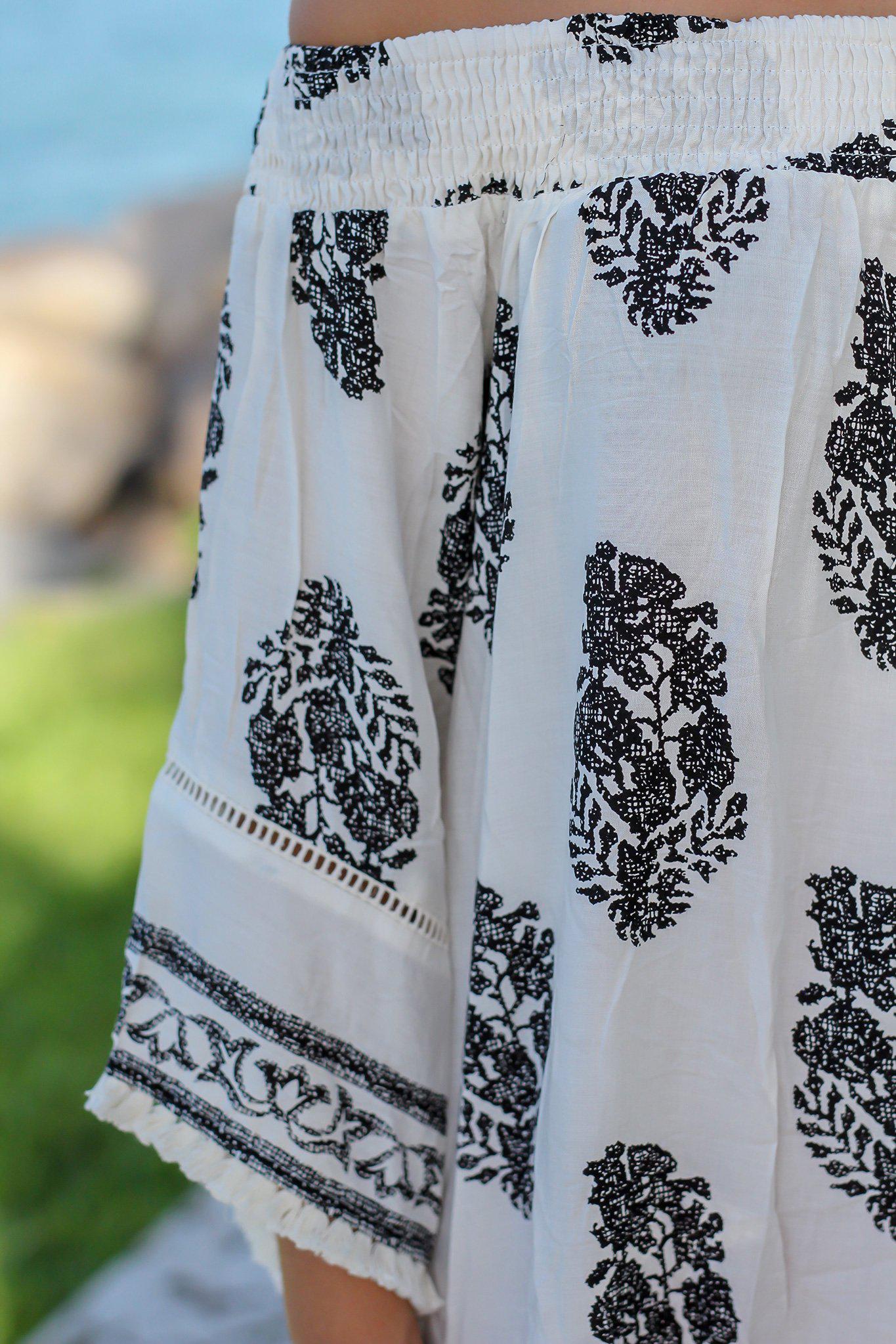 Stylish Ivory and Black Printed Off - Shoulder Short Dress for a Comfy Look