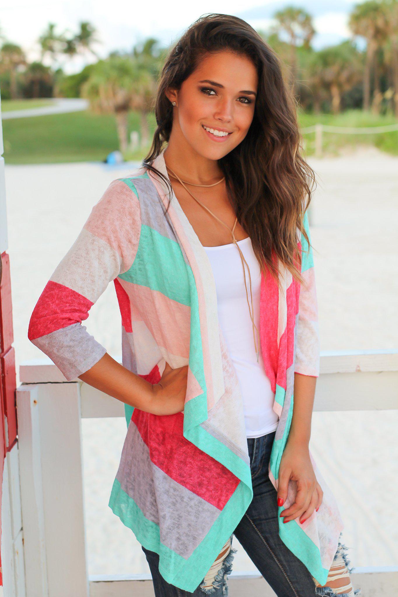 Stylish Mint and Coral Striped Open Cardigan for Adorable Look