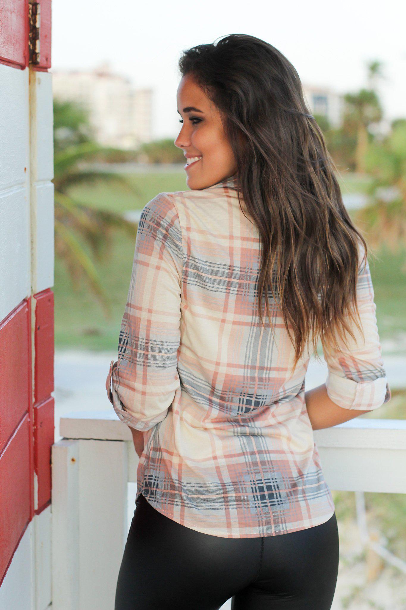 Stylish Blush and Ivory Checkered Long - Sleeve Button - Up Top