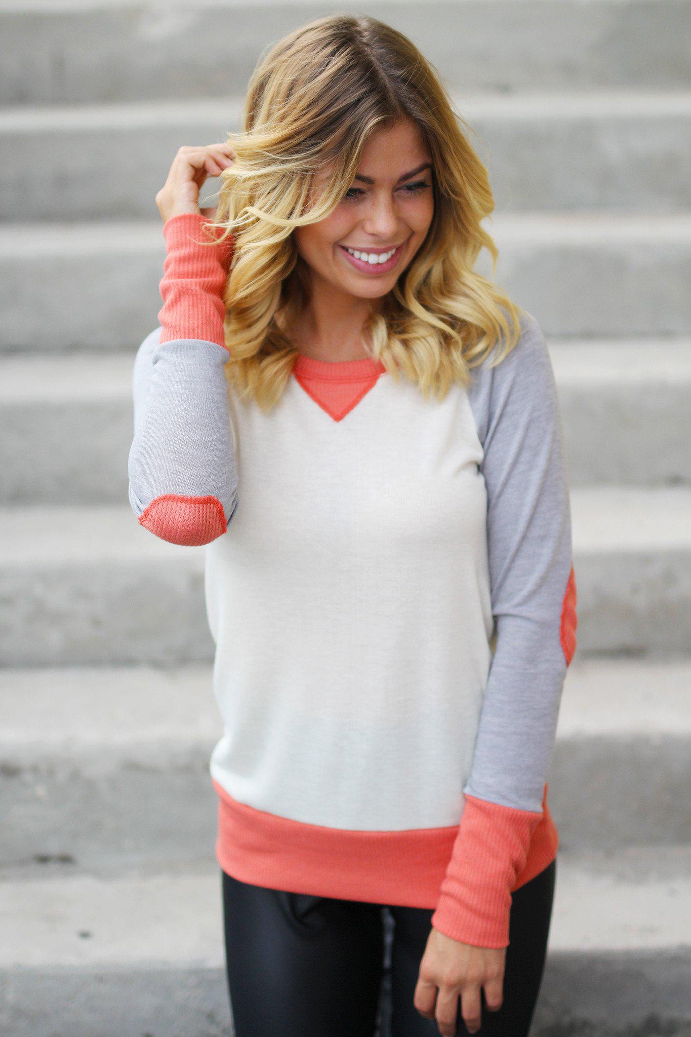Stylish Women's Coral and Grey Blouse with Adorable Elbow Patches
