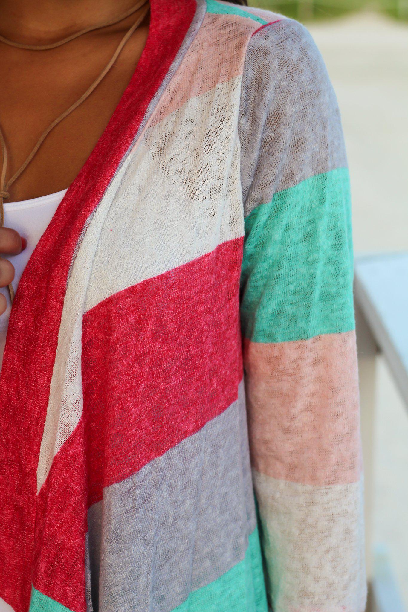 Stylish Mint and Coral Striped Open Cardigan for Adorable Look