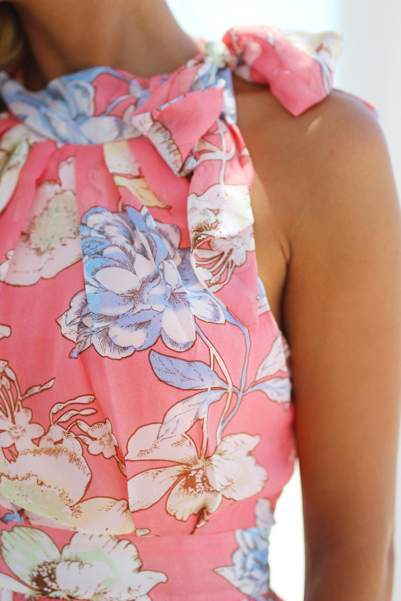 Stylish Coral Floral High Neck Short Dress for Women