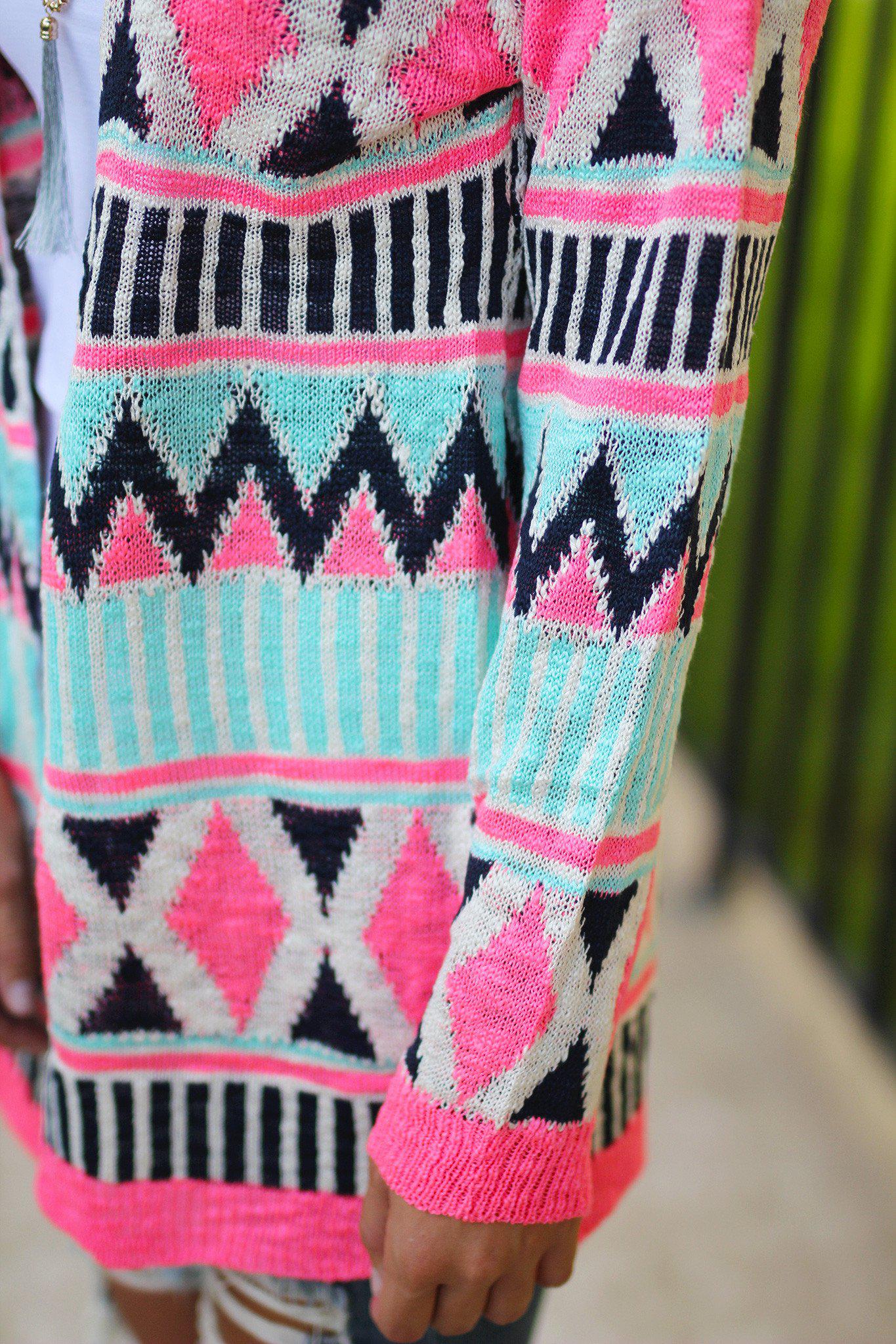 Stylish Mint and Neon Pink Knit Open Cardigan for Fall and Winter