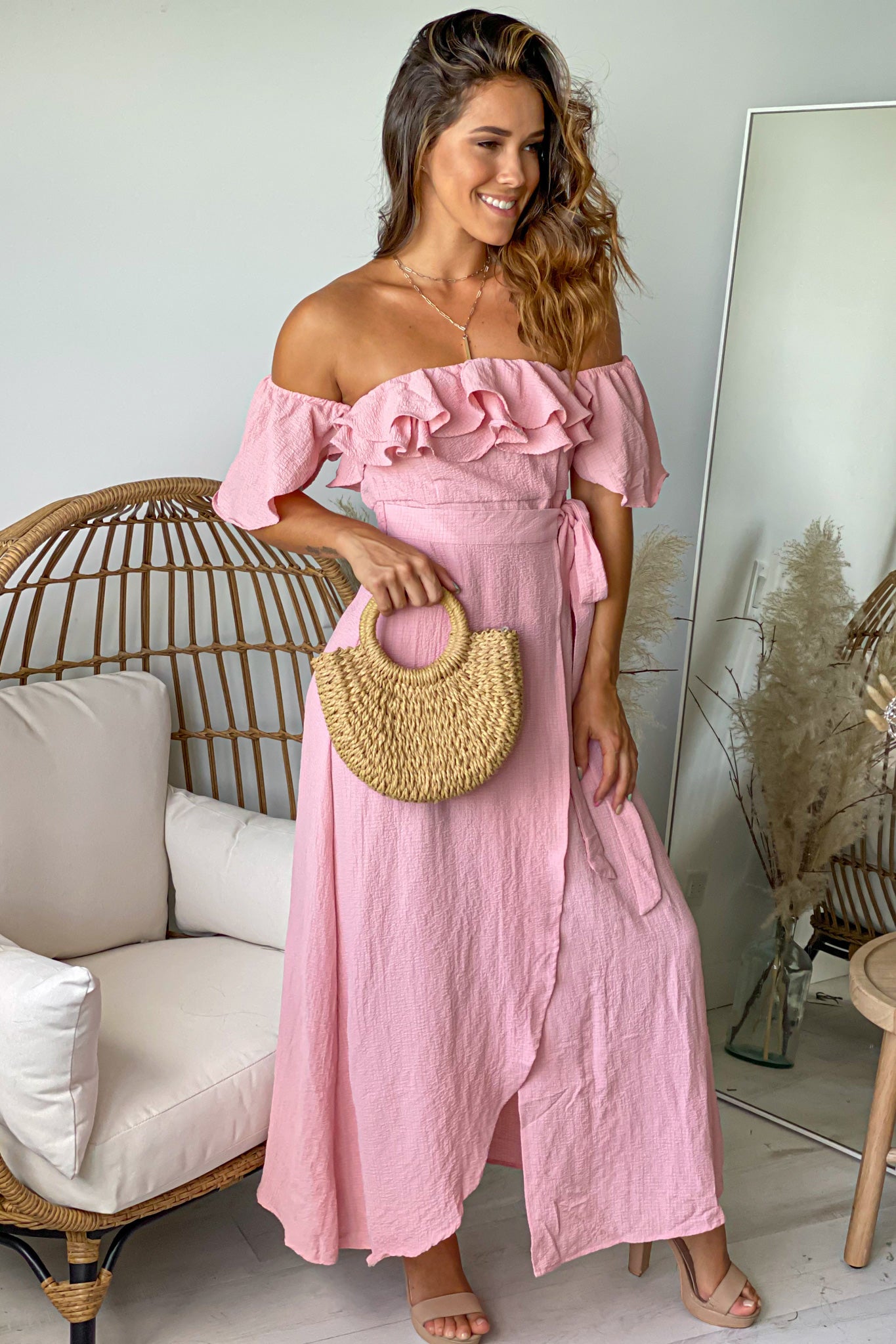 Stylish Mauve Off-Shoulder Ruffled Wrap Dress for Summer