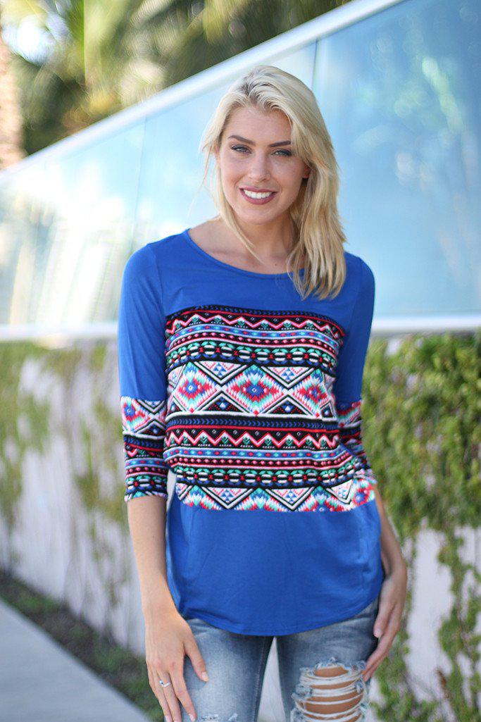 Stylish All - Year Round Lightweight Aztec Blue Printed Top