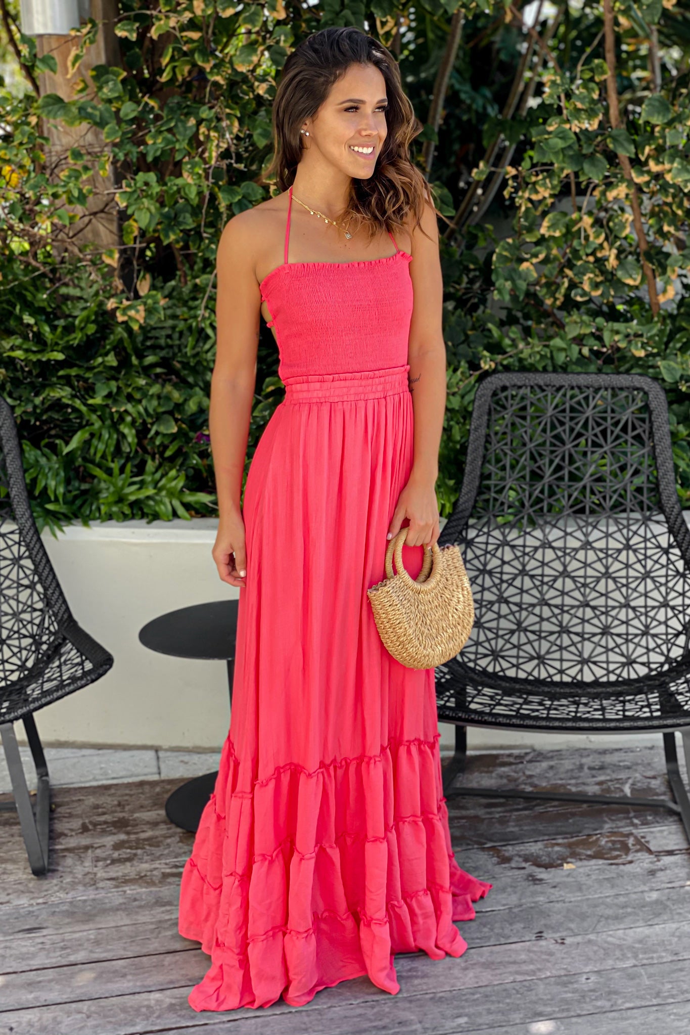 Gorgeous Coral Sleeveless Maxi Dress with Strappy Back Design