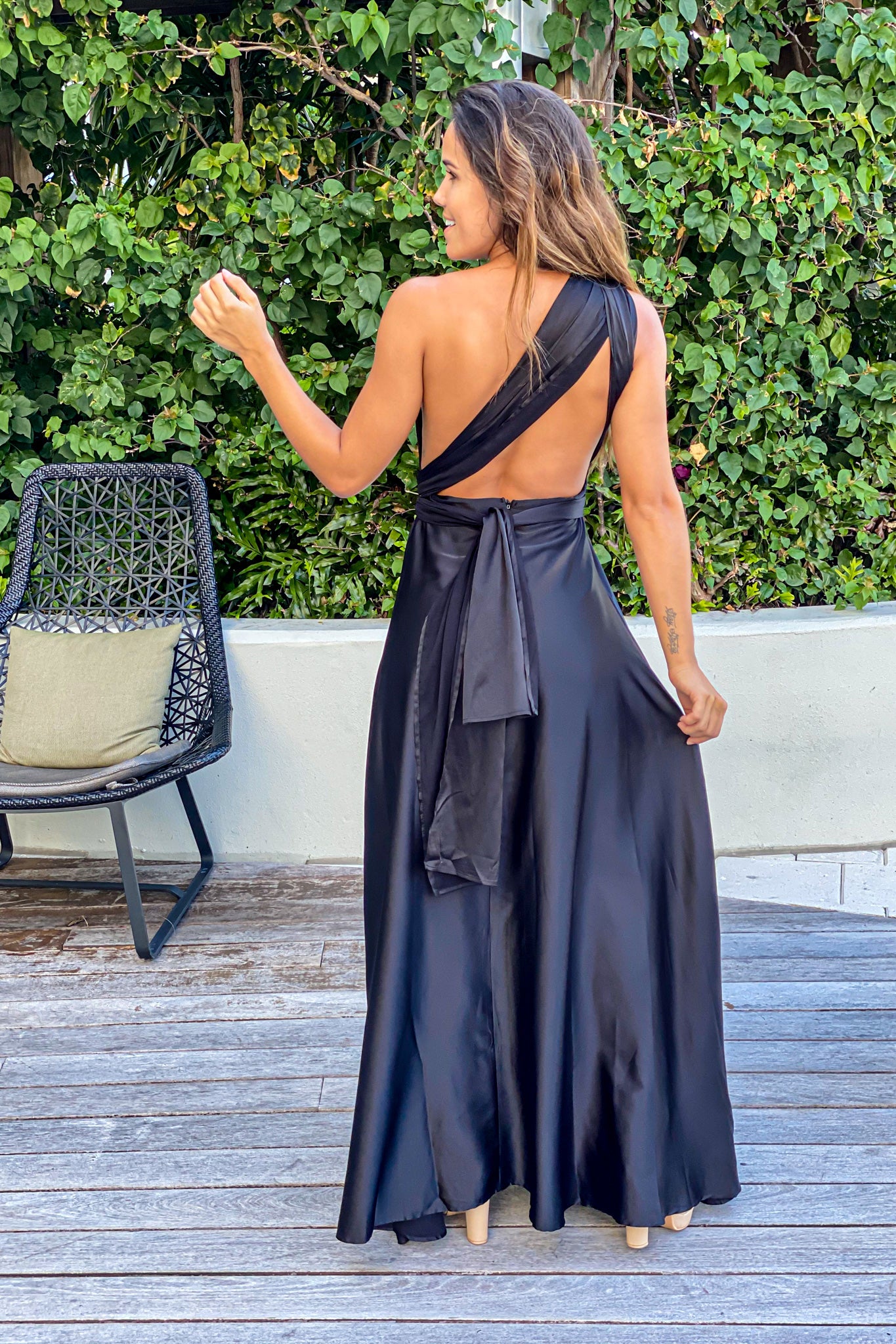 Elegant Black Satin Multi-Tied Long Maxi Dress for Special Occasions