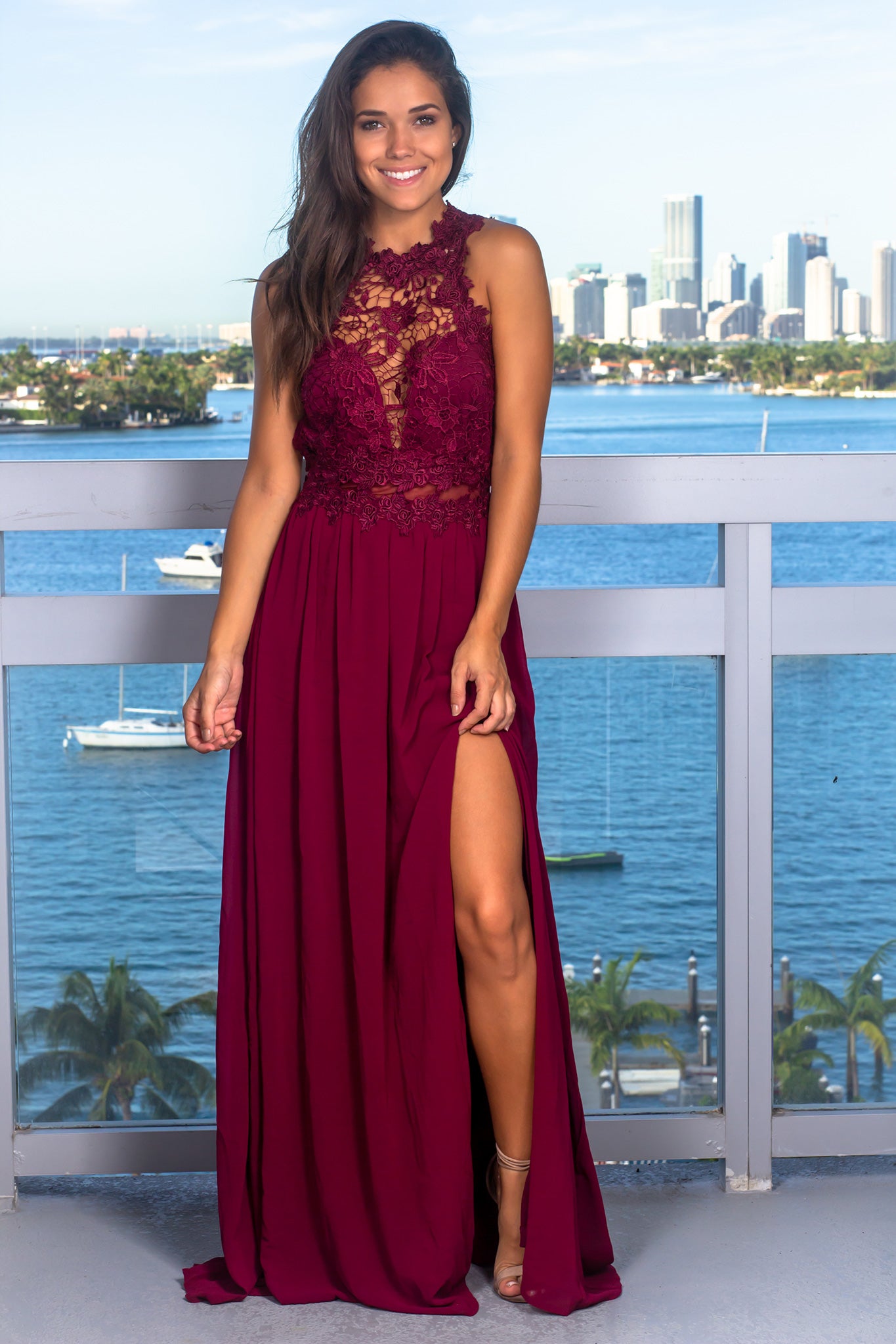 Stylish Merlot Embroidered Sleeveless Maxi Dress with Strappy Back