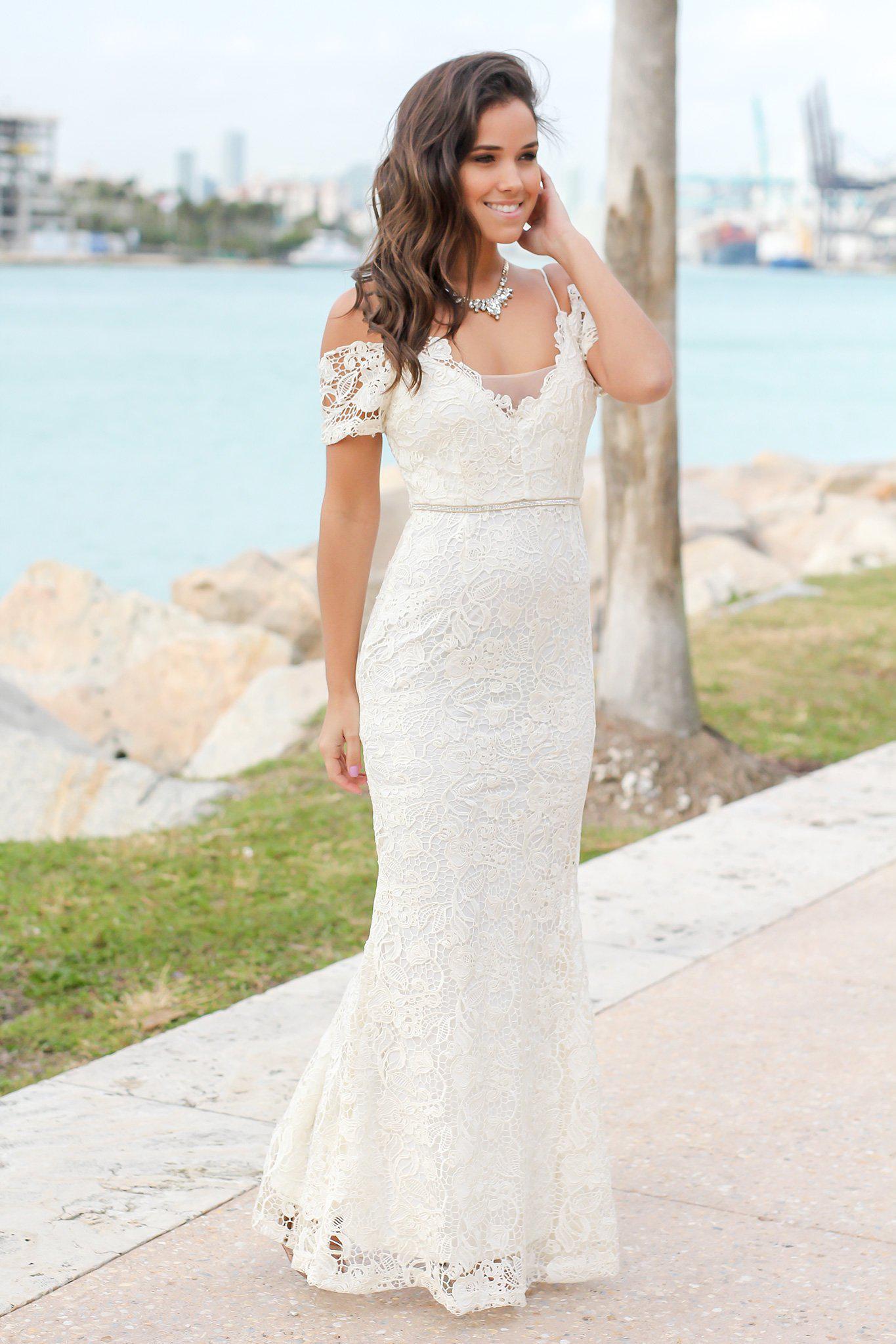 Elegant Cream Crochet Maxi Dress with Stunning Gold Rhinestone Detail
