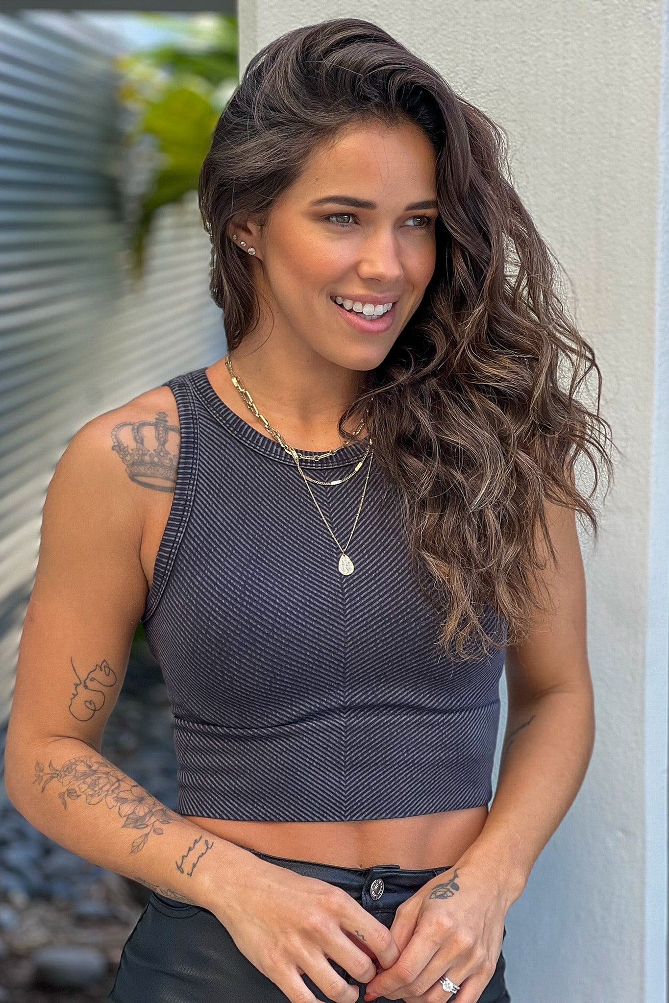 Adorable Washed Black Ribbed High Neck Sleeveless Crop Top