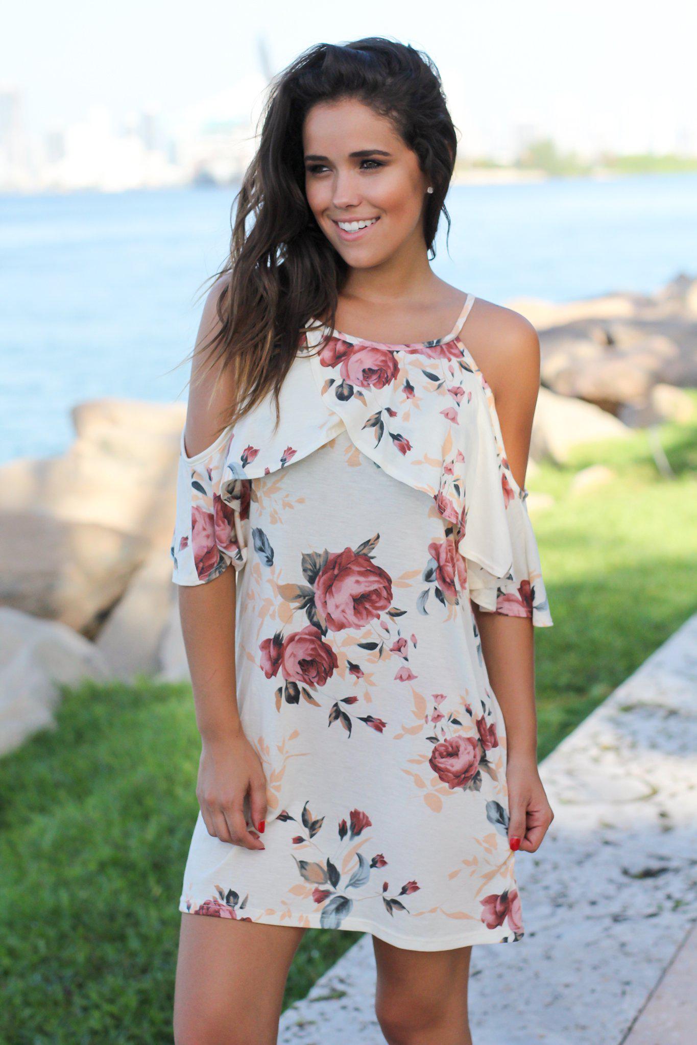 Charming Cream Floral Short Cold - Shoulder Women's Dress for Special Occasions