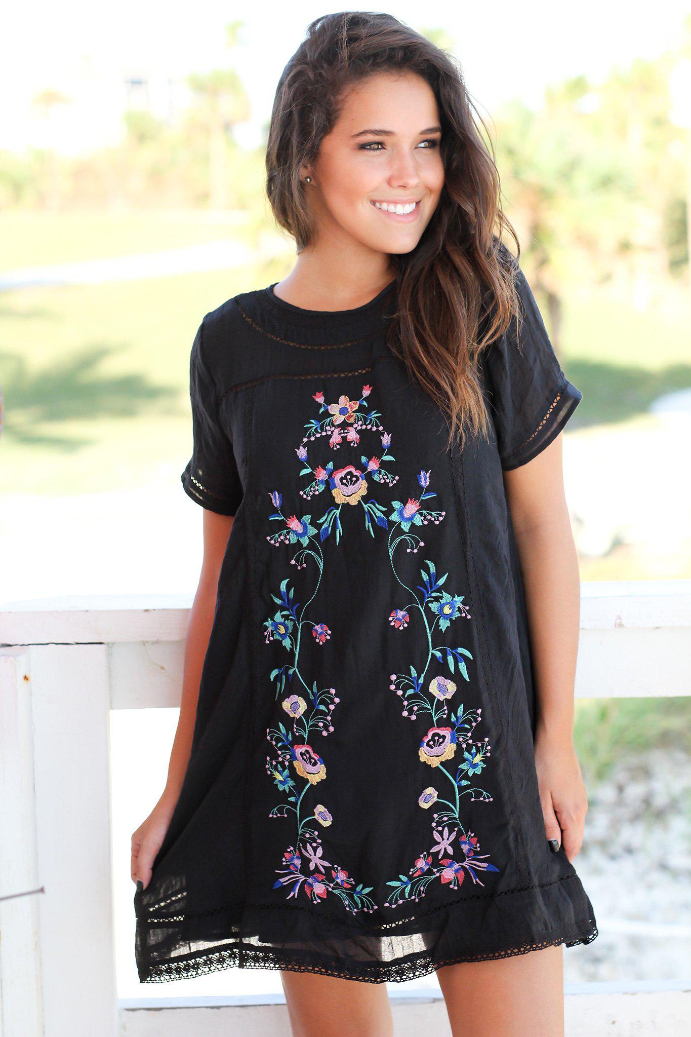 Stylish Women's Black Short Dress Adorned with Floral Embroidery