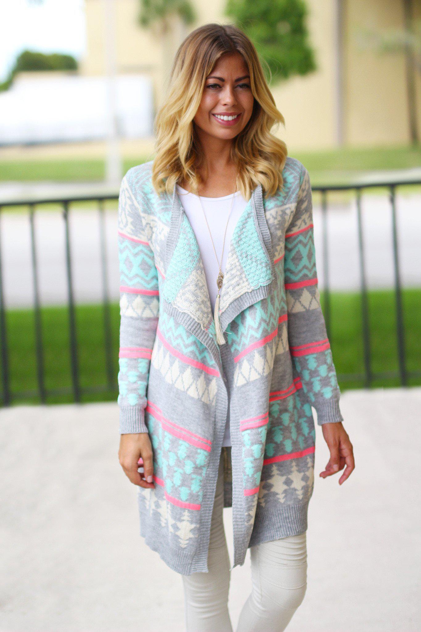 Stylish Mint and Gray Colored Long Women's Cardigan for All Occasions
