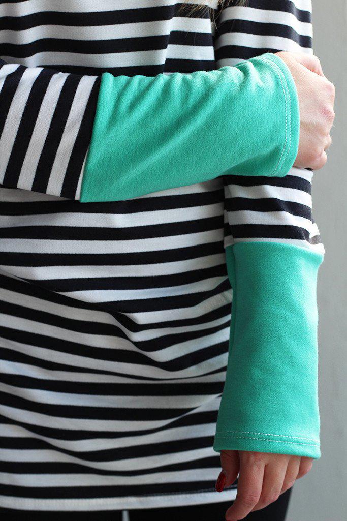 Soft Mint and Black Striped Hooded Tunic for Women's Daily Wear