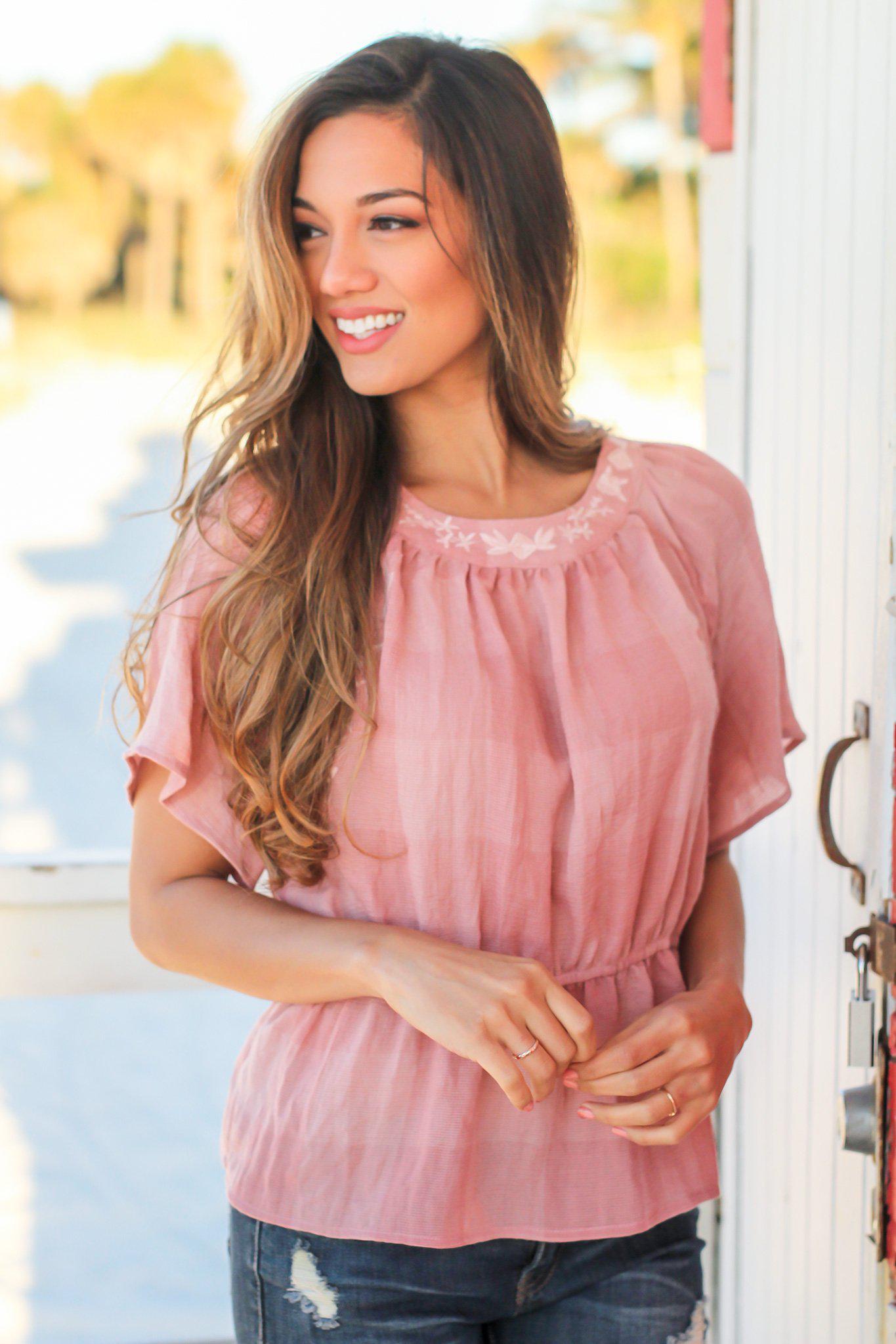 Charming Blush-Colored Embroidered Women's Fashion Top