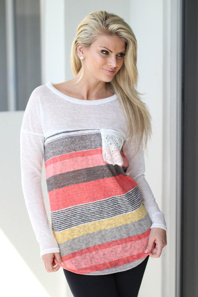 Stylish Women's Coral Striped Top Featuring a Crochet Pocket