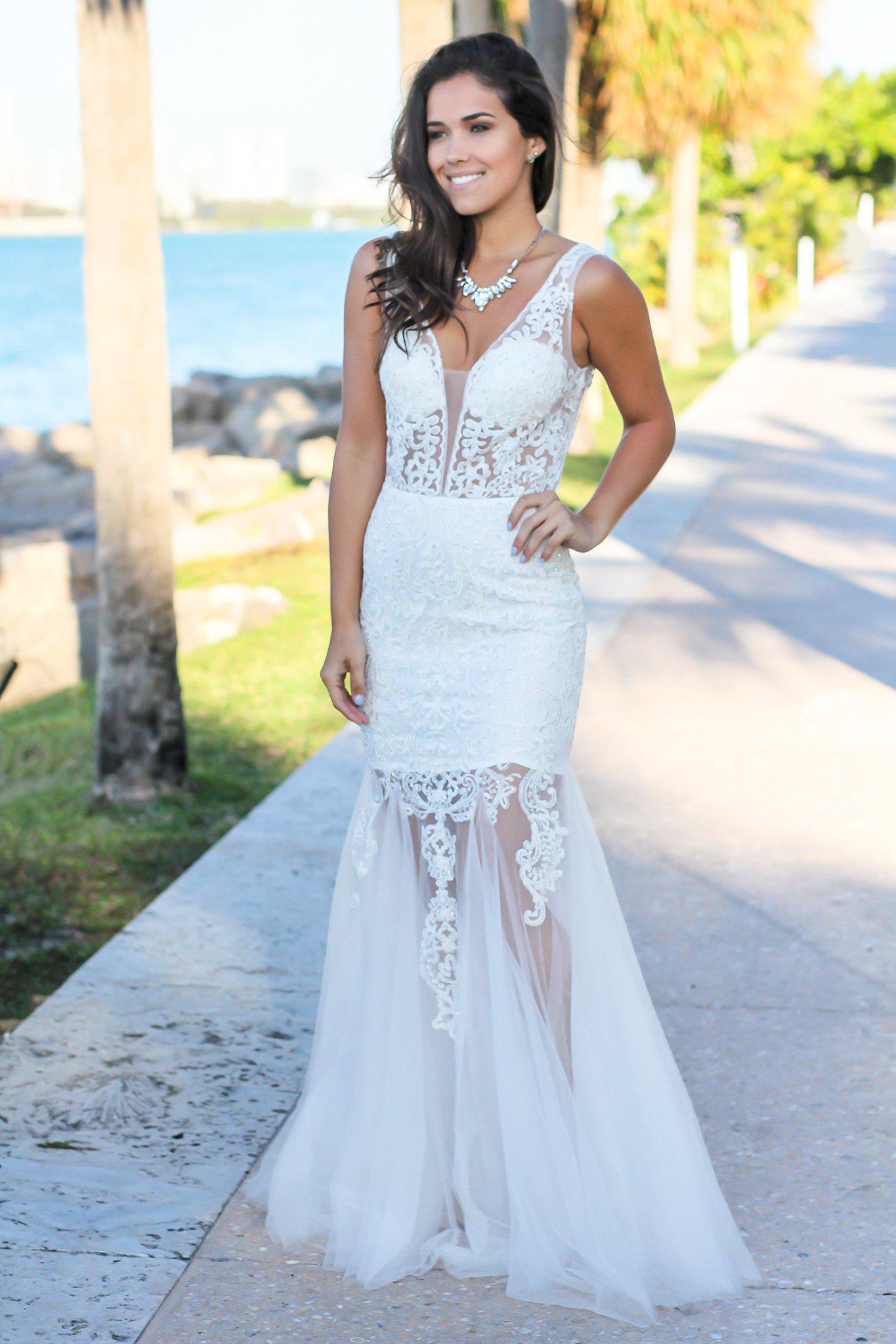 Stunning Cream Polyester Lace Maxi Dress with Tulle Design